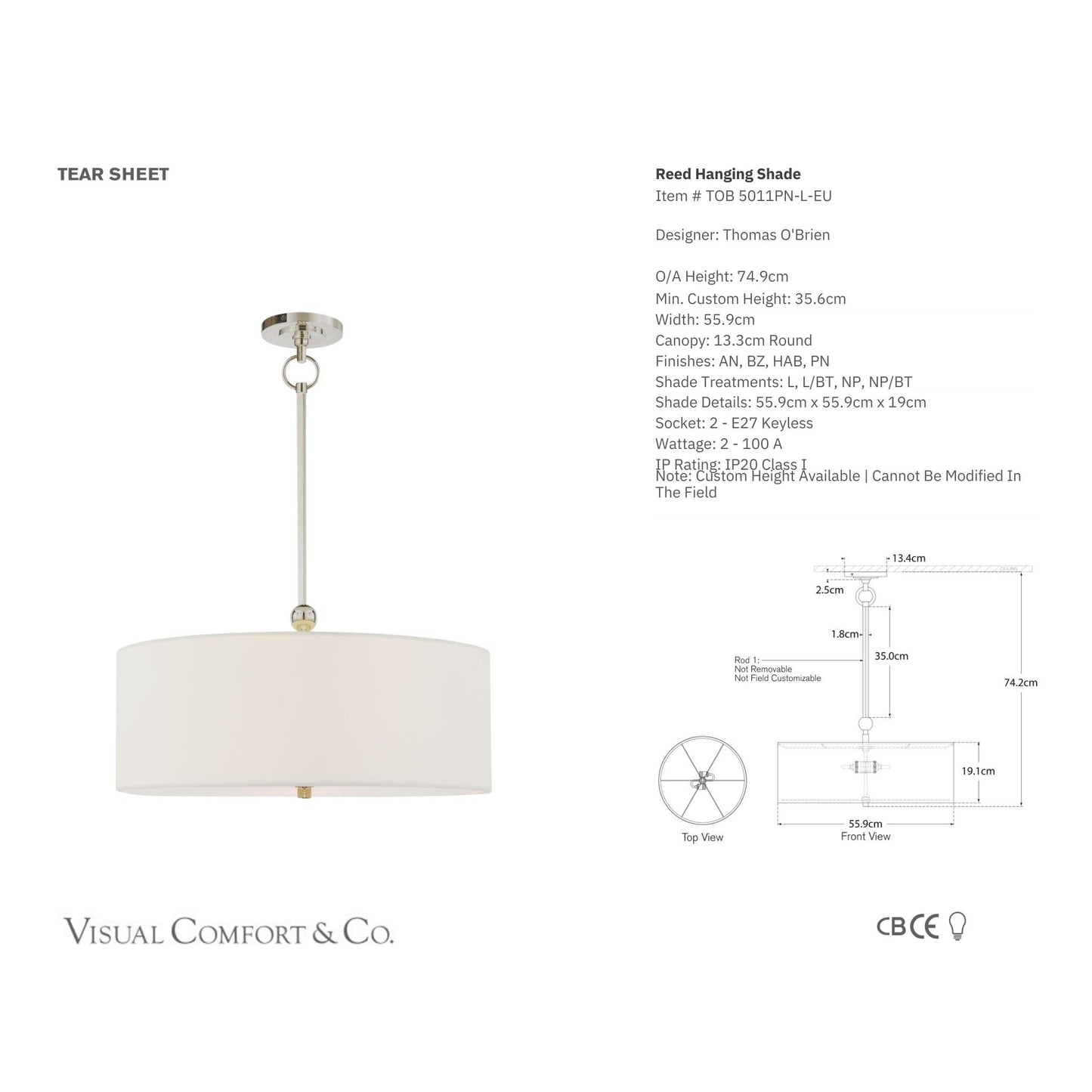 Thomas O'Brien Reed Hanging Shade - Polished Nickel Pendant Light Bloomingdales Lighting