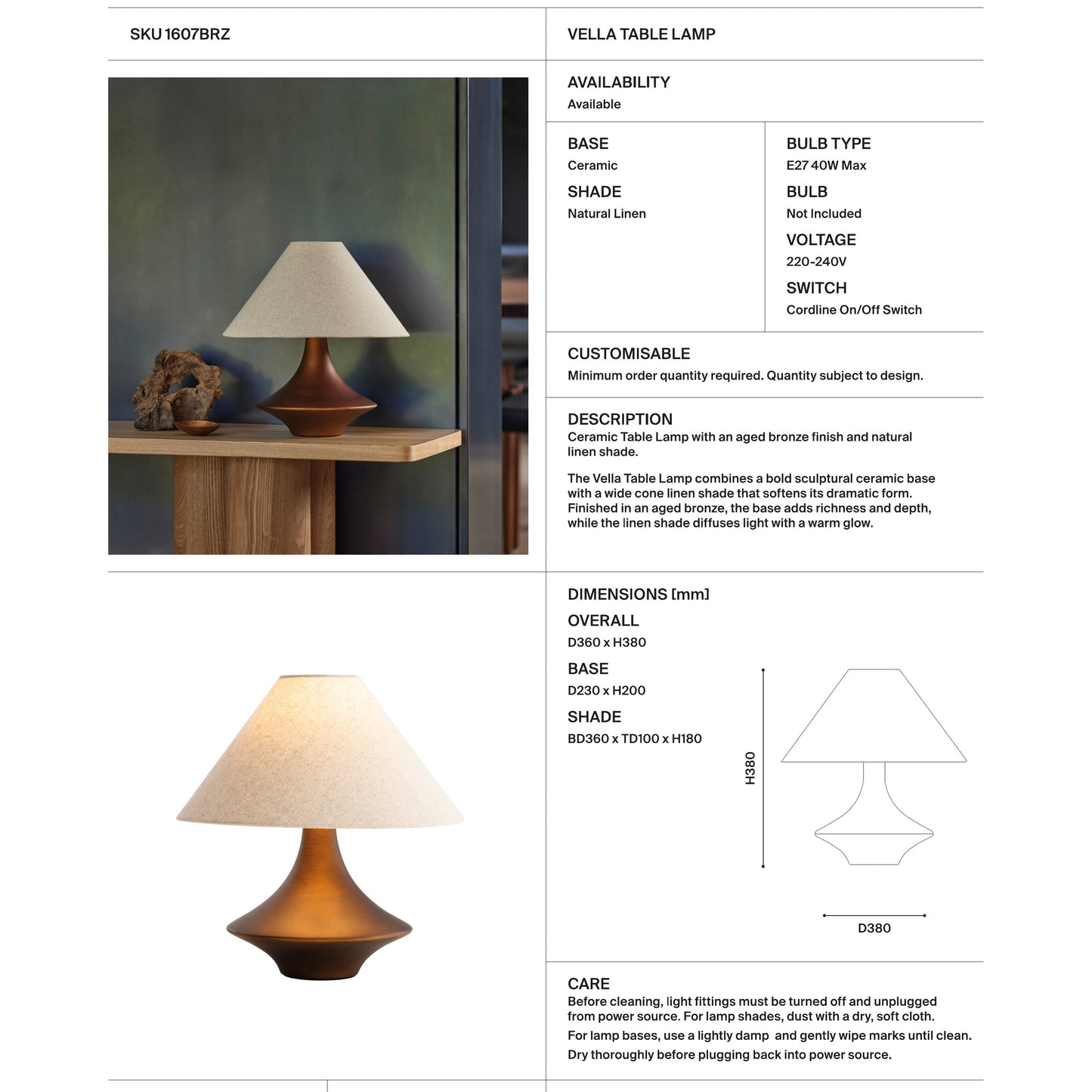 Vella Ceramic Table Lamp - Bronze Table Lamp Mayfield Lighting