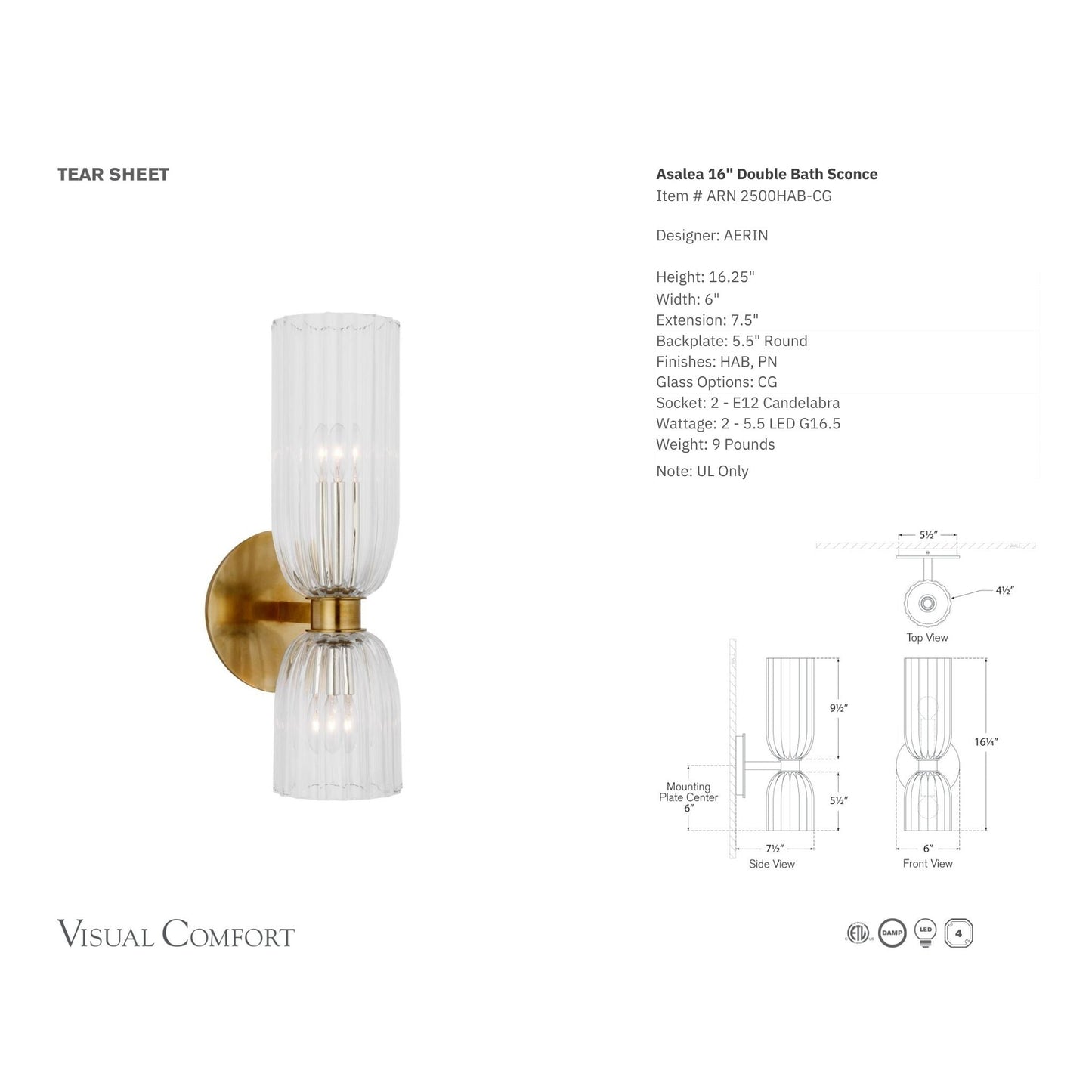 AERIN Asalea 16" Glass Double Bath Wall Sconce - Brass Wall Light Bloomingdales Lighting