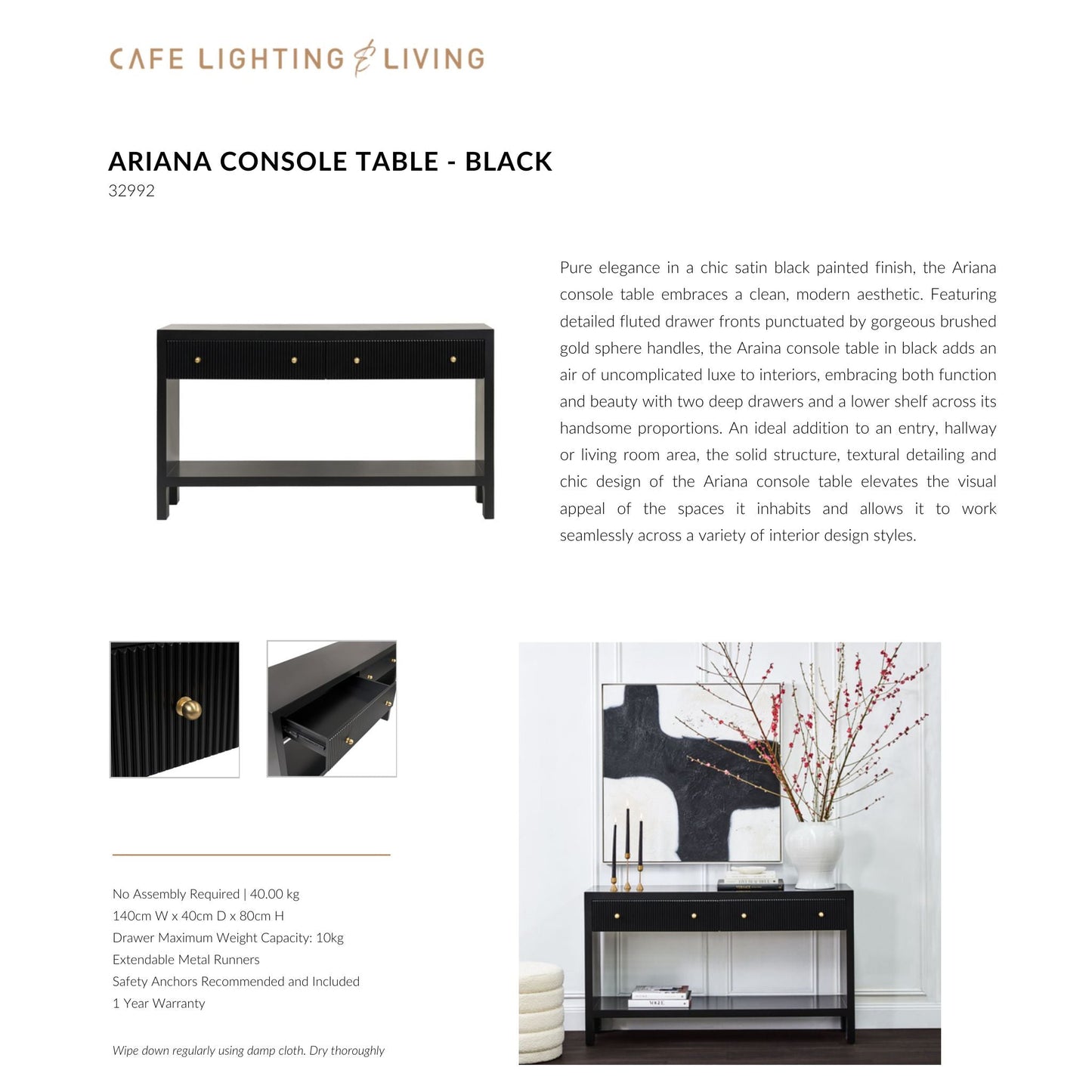Ariana Two Drawer Console Table - Black Console Table Cafe Lighting & Living