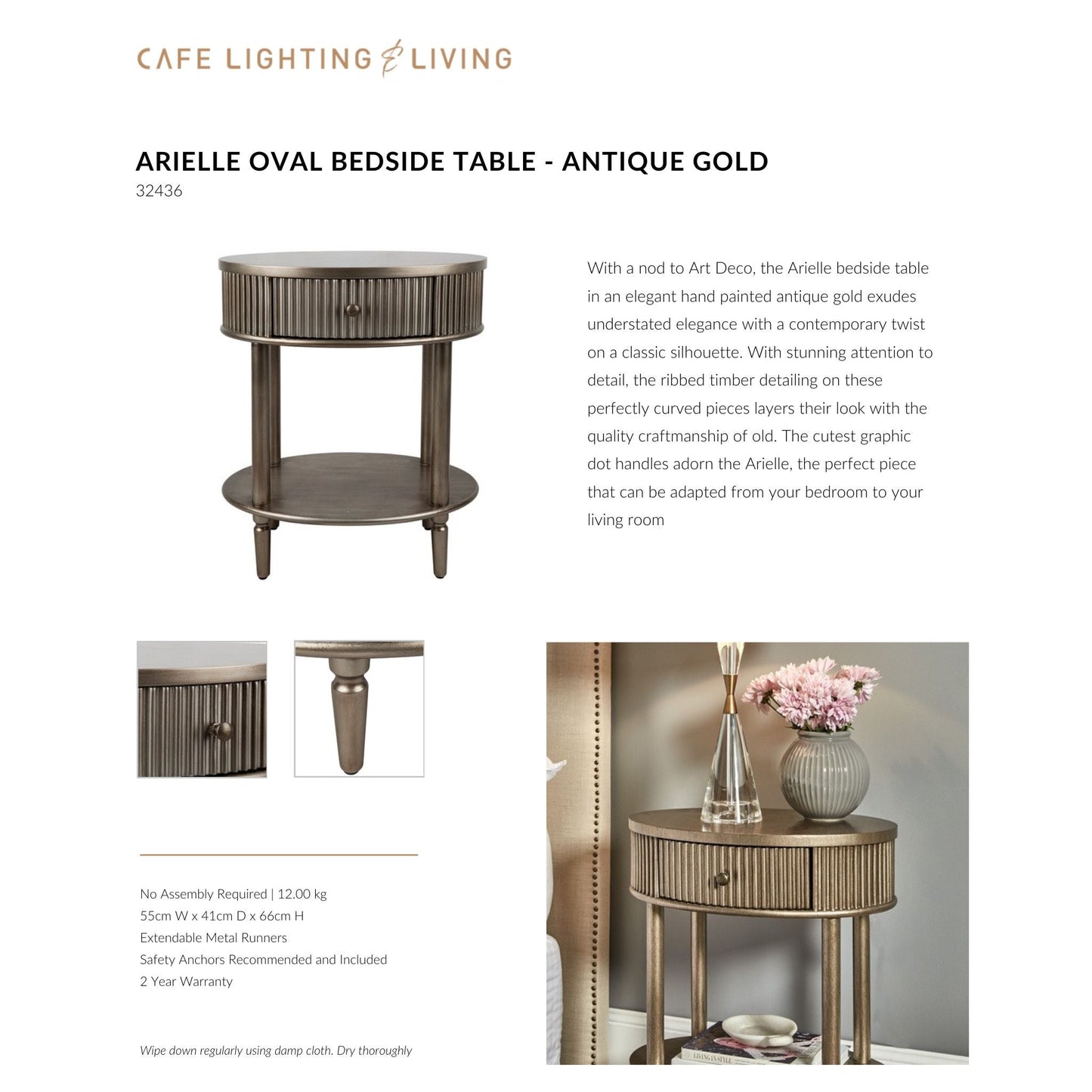 Arielle Oval Bedside Table - Antique Gold Bedside Table Cafe Lighting & Living
