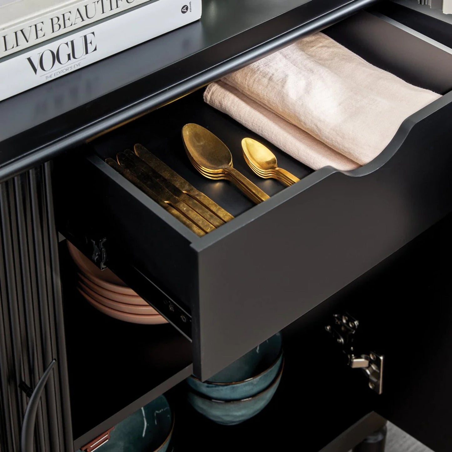 Arielle Ribbed Timber Buffet Table - Black Buffet Table Cafe Lighting & Living