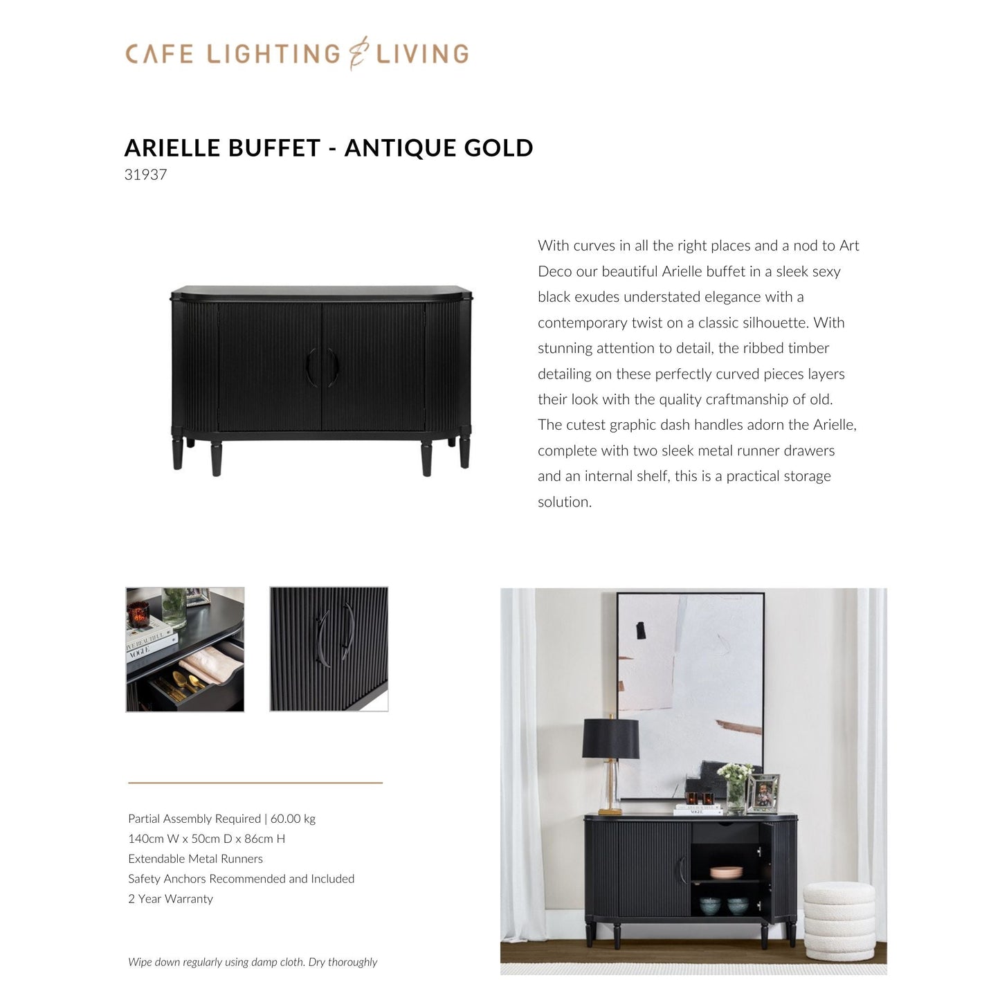 Arielle Ribbed Timber Buffet Table - Black Buffet Table Cafe Lighting & Living