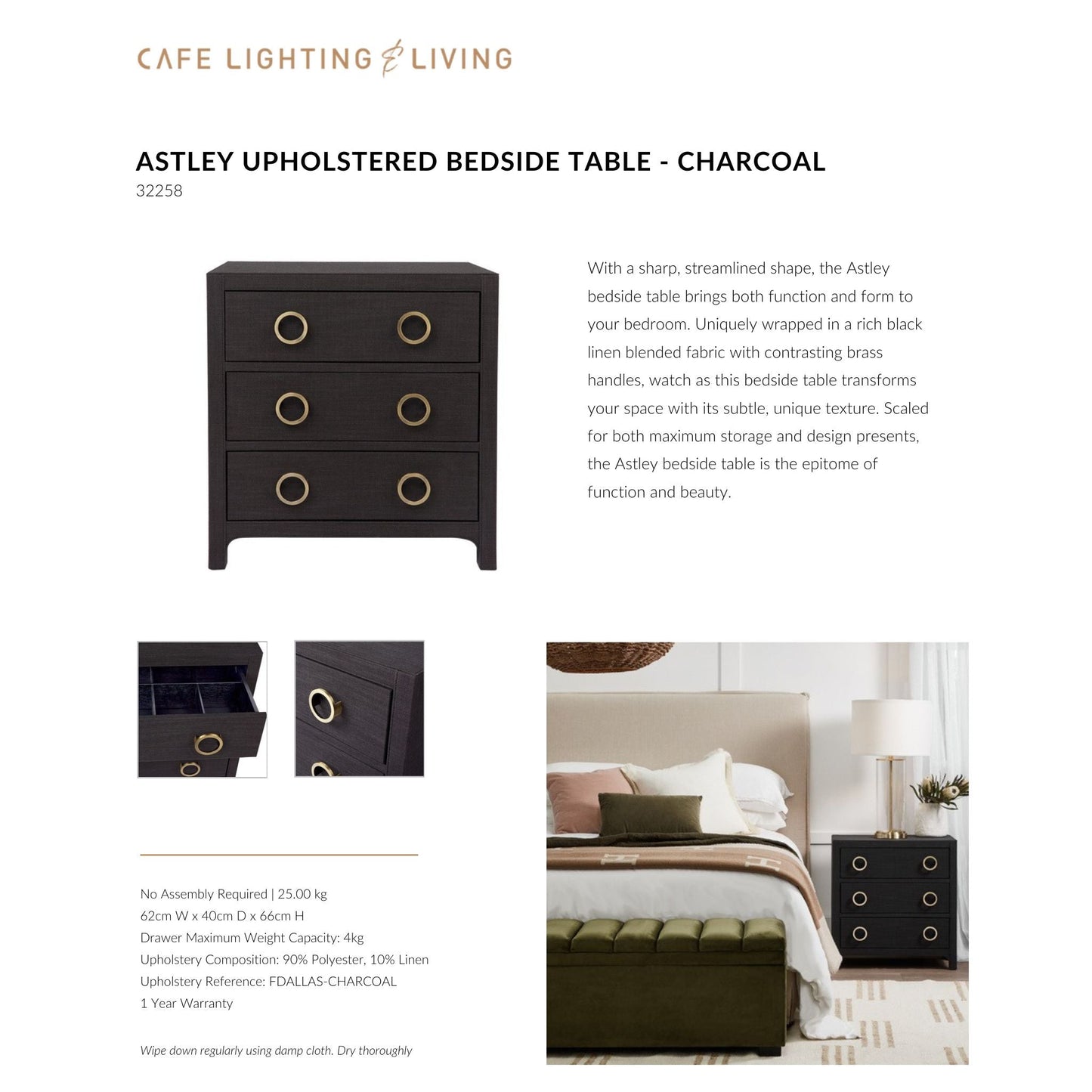 Astley Upholstered Linen Bedside Table - Charcoal Bedside Table Cafe Lighting & Living