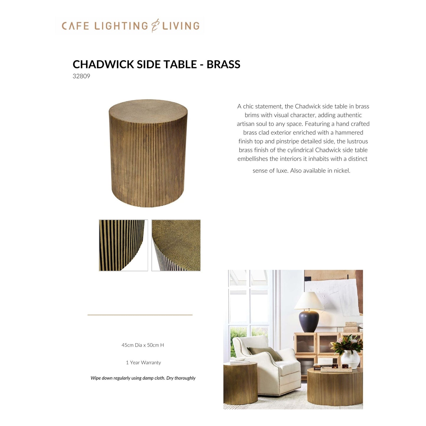 Chadwick Cylindrical Side Table - Brass Side Table Cafe Lighting & Living