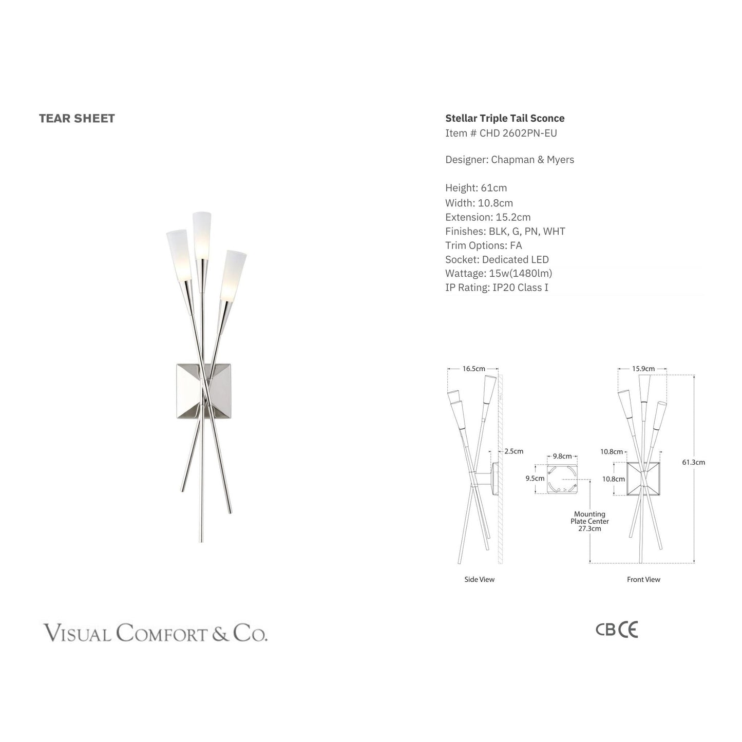Chapman & Myers Stellar Triple Tail Wall Sconce - Polished Nickel Wall Light Bloomingdales Lighting