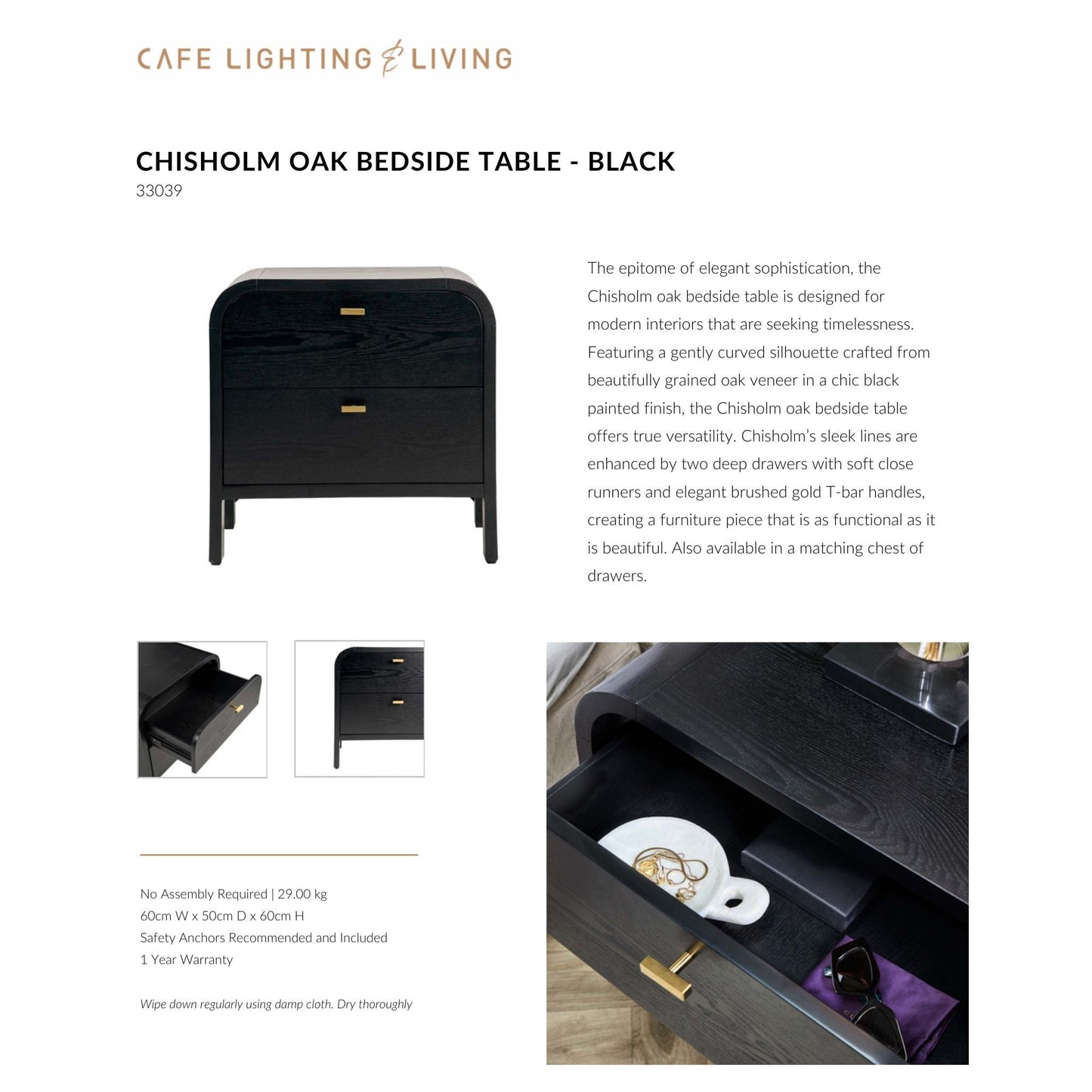Chisholm Oak Wood Bedside Table - Black Bedside Table Cafe Lighting & Living