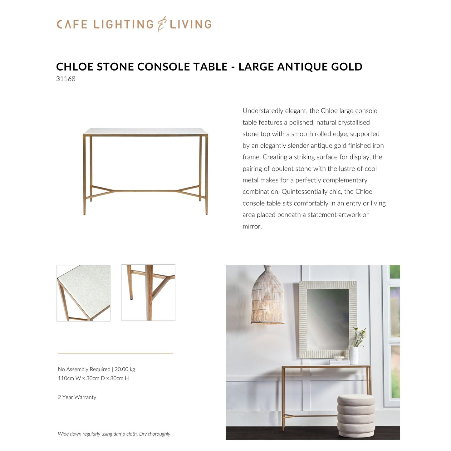 Chloe Slim Large Stone Console Table - Antique Gold Console Table Cafe Lighting & Living