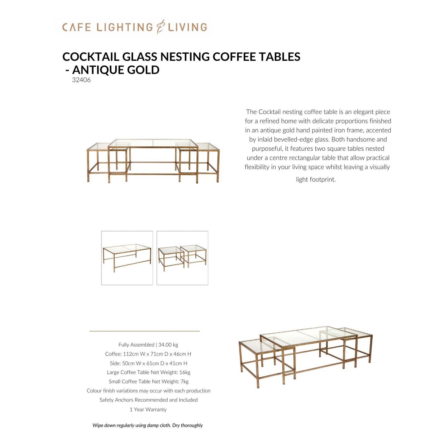 Cocktail Glass Nesting Coffee Table - Antique Gold Coffee Table Cafe Lighting & Living