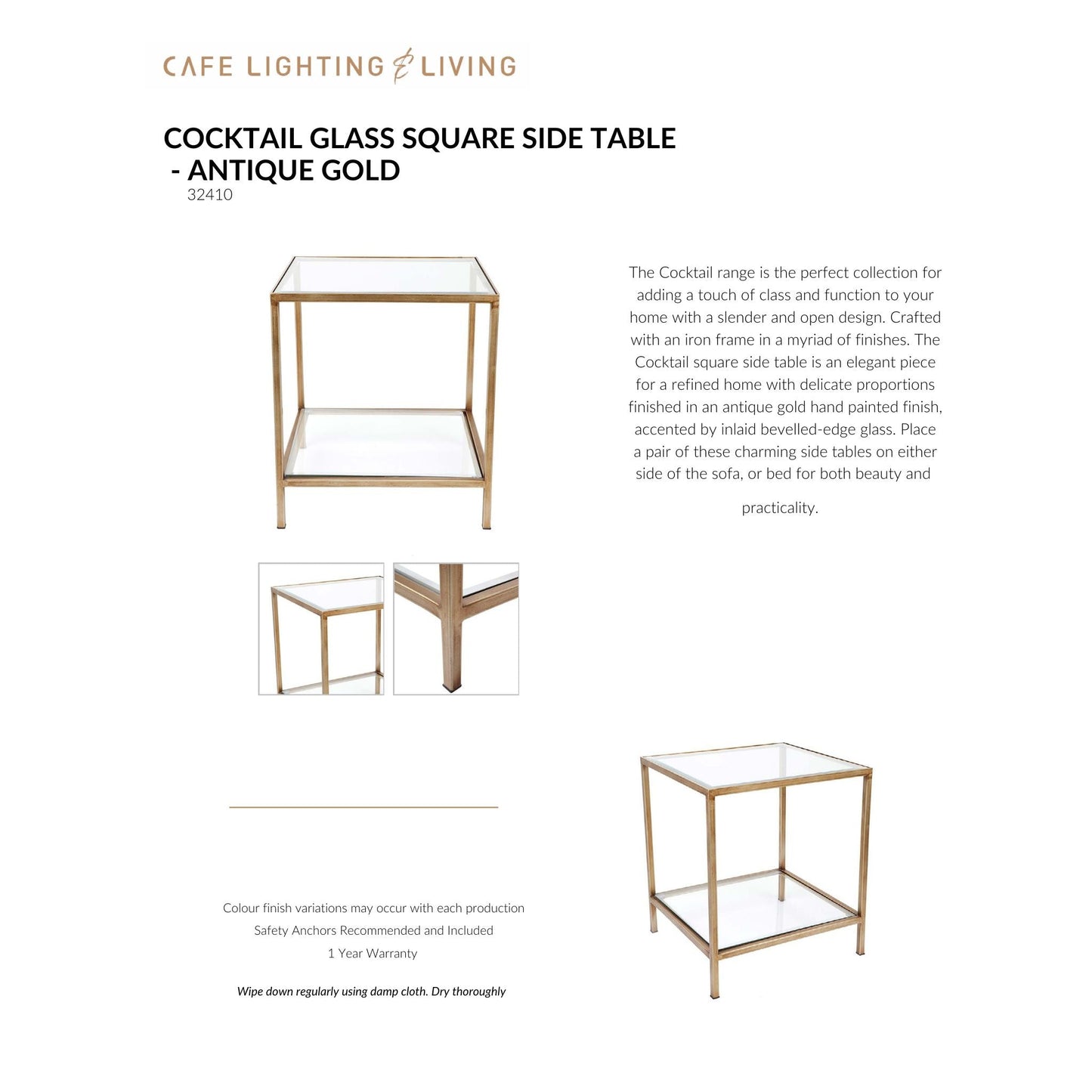 Cocktail Glass Square Side Table - Antique Gold Side Table Cafe Lighting & Living
