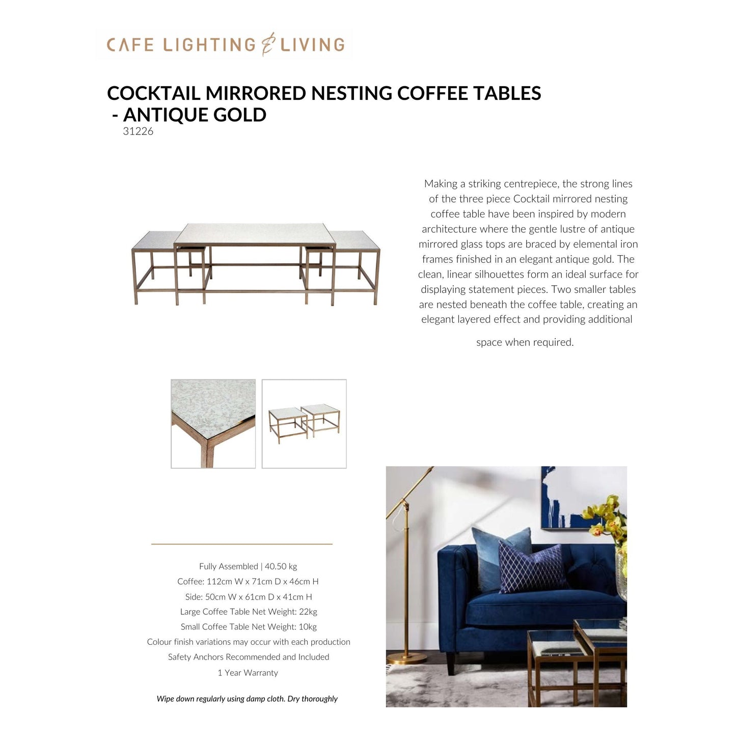 Cocktail Mirrored Nesting Coffee Tables - Antique Gold Coffee Table Cafe Lighting & Living