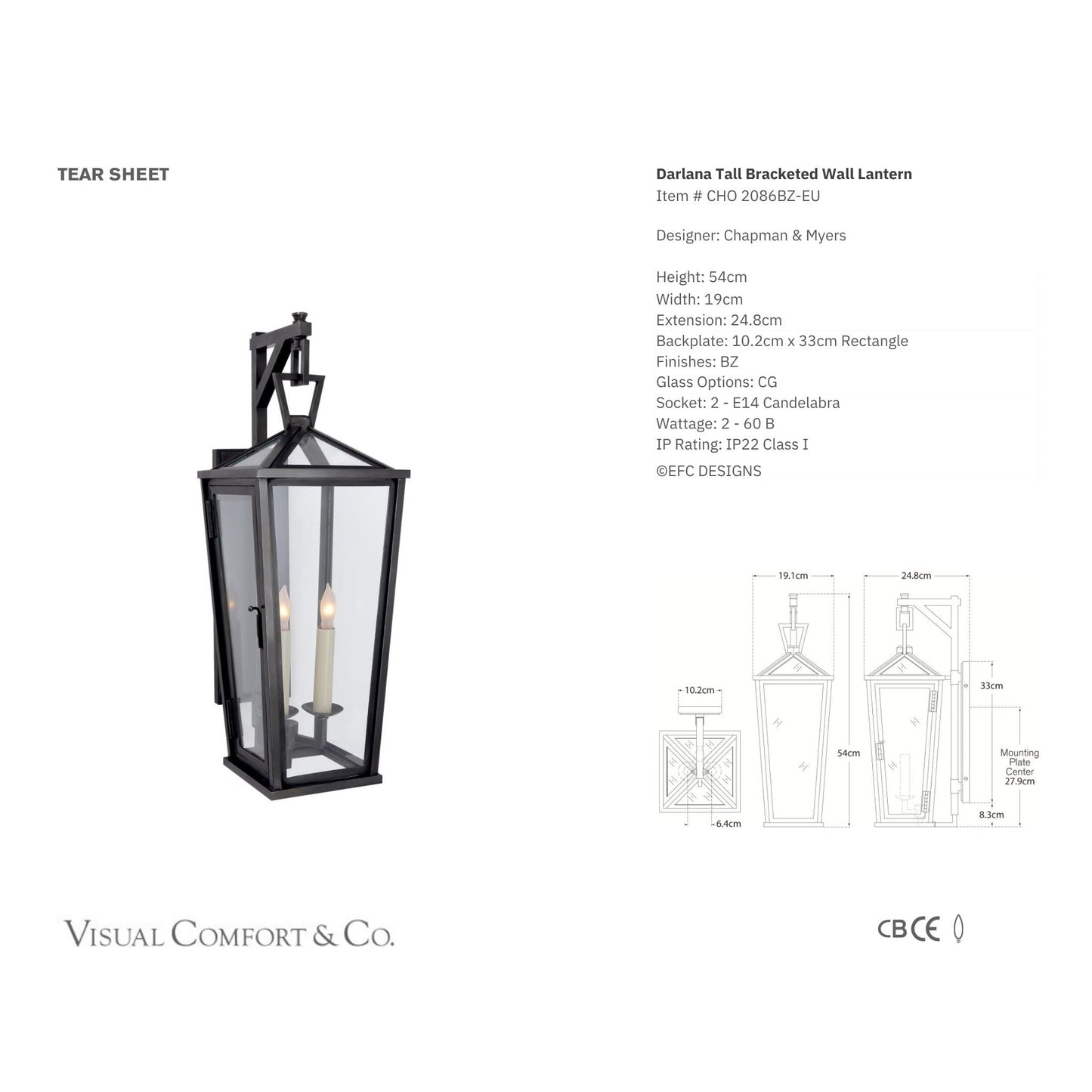 E. F. Chapman Darlana Small Tall Bracketed Wall Lantern Light - Bronze Wall Light Bloomingdales Lighting