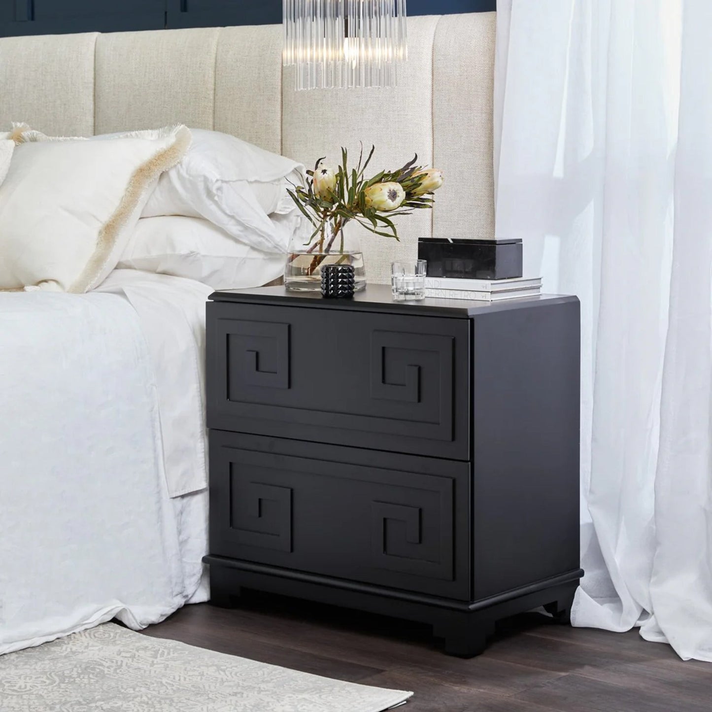 Greek Key Two Drawer Bedside Table - Black Bedside Table Cafe Lighting & Living
