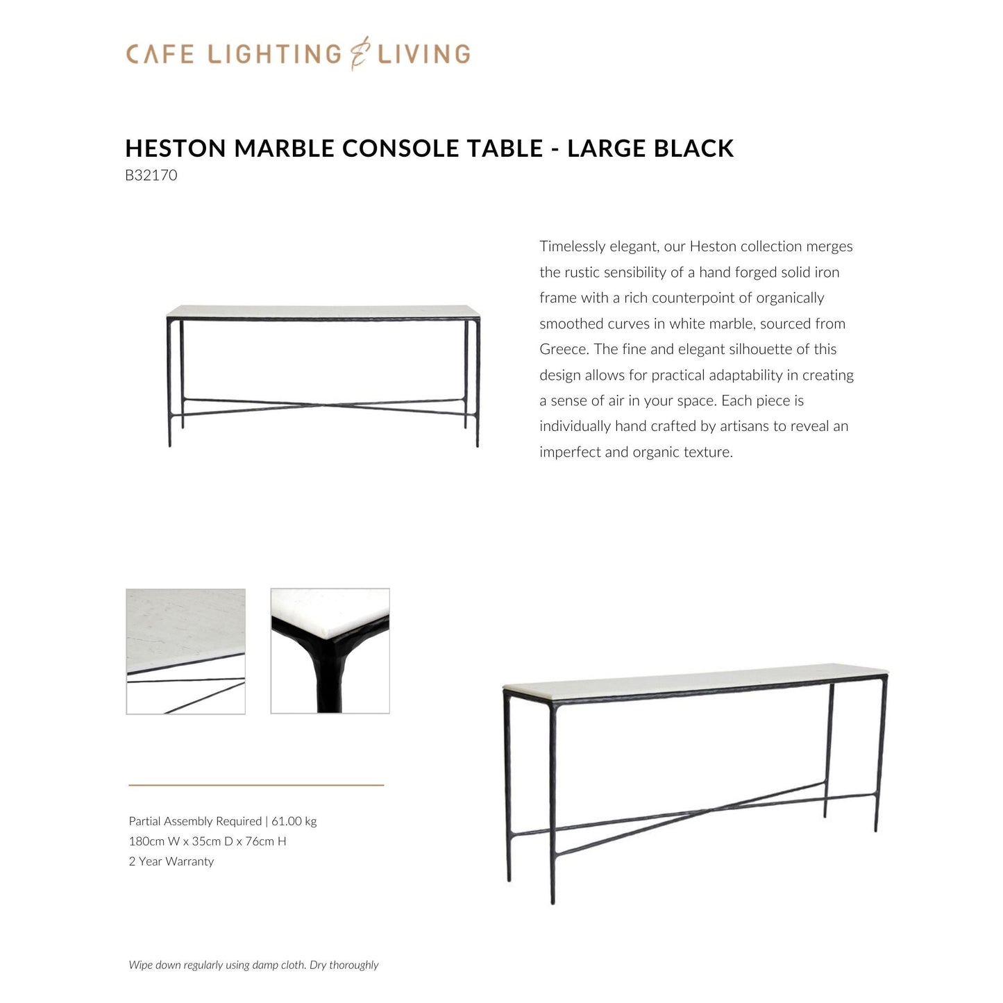 Heston Large Marble Console Table - Black Console Table Cafe Lighting & Living