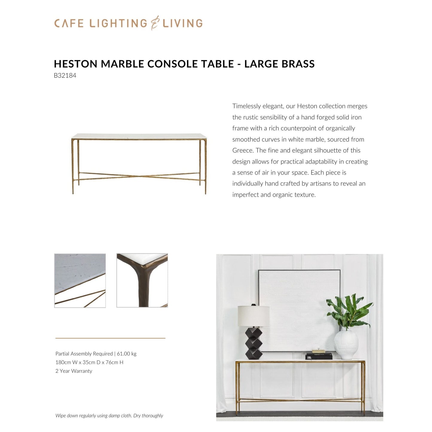 Heston Large Marble Console Table - Brass Console Table Cafe Lighting & Living
