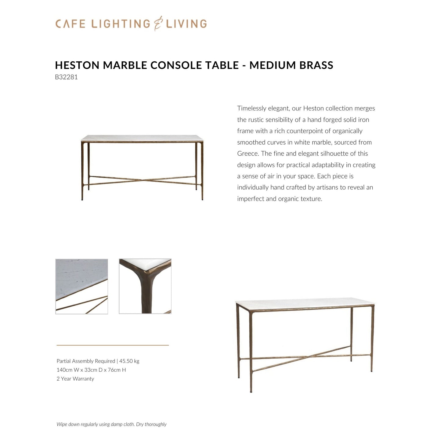 Heston Medium Marble Console Table - Brass Console Table Cafe Lighting & Living
