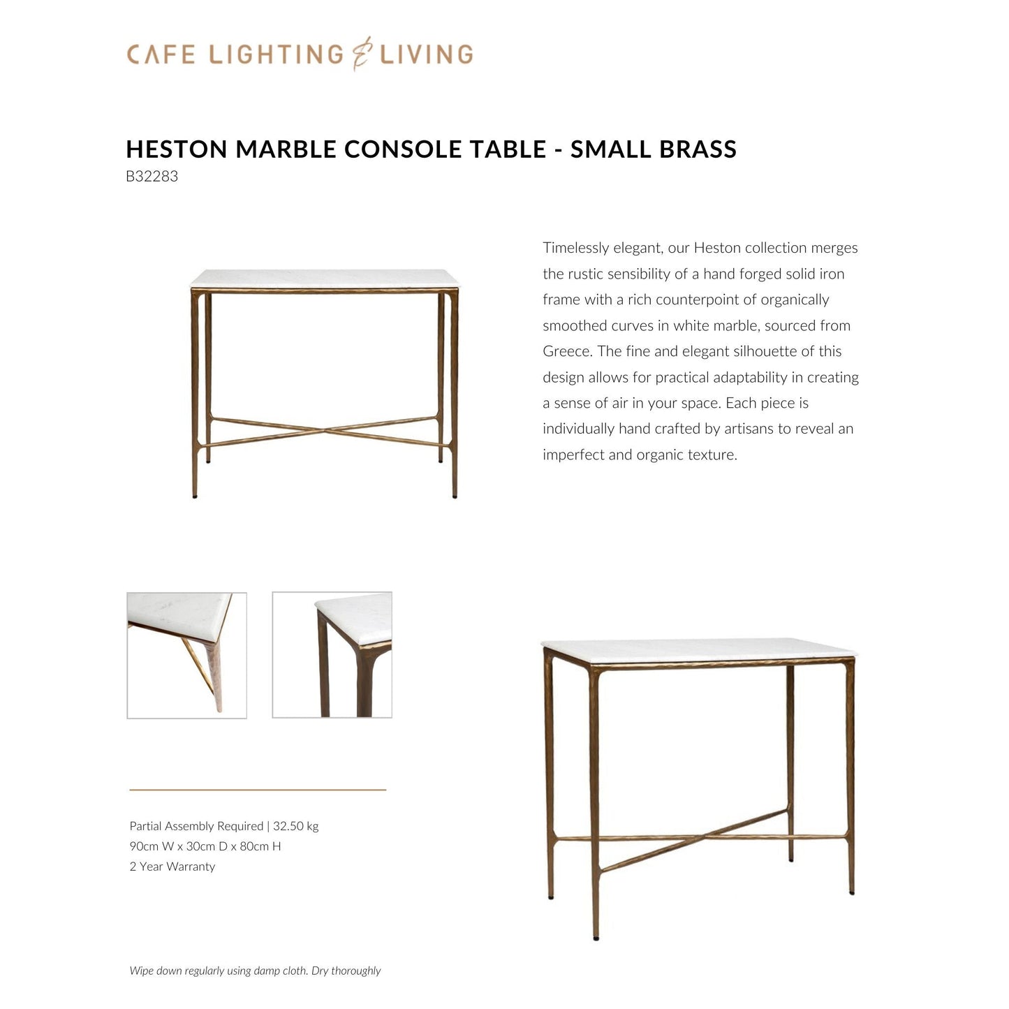 Heston Small Marble Console Table - Brass Console Table Cafe Lighting & Living