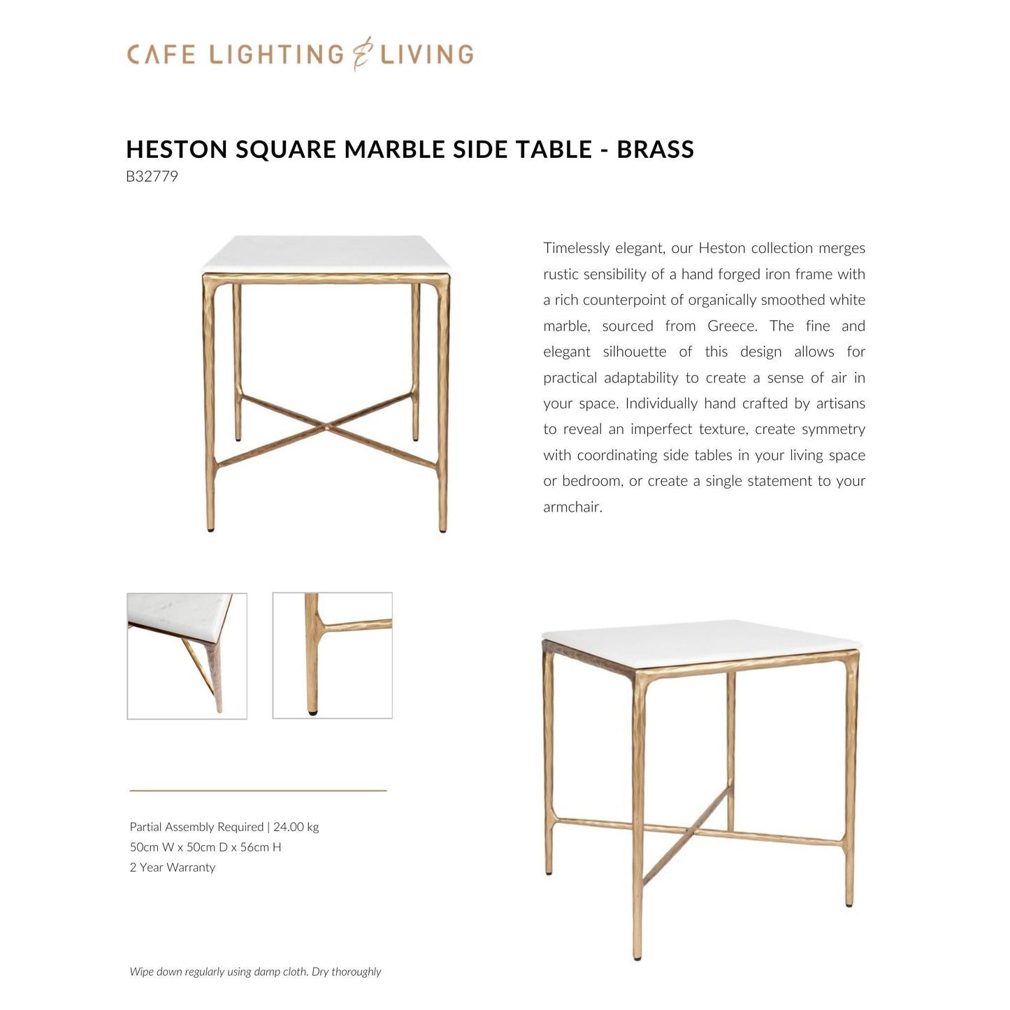 Heston Square Marble Side Table - Brass Side Table Cafe Lighting & Living