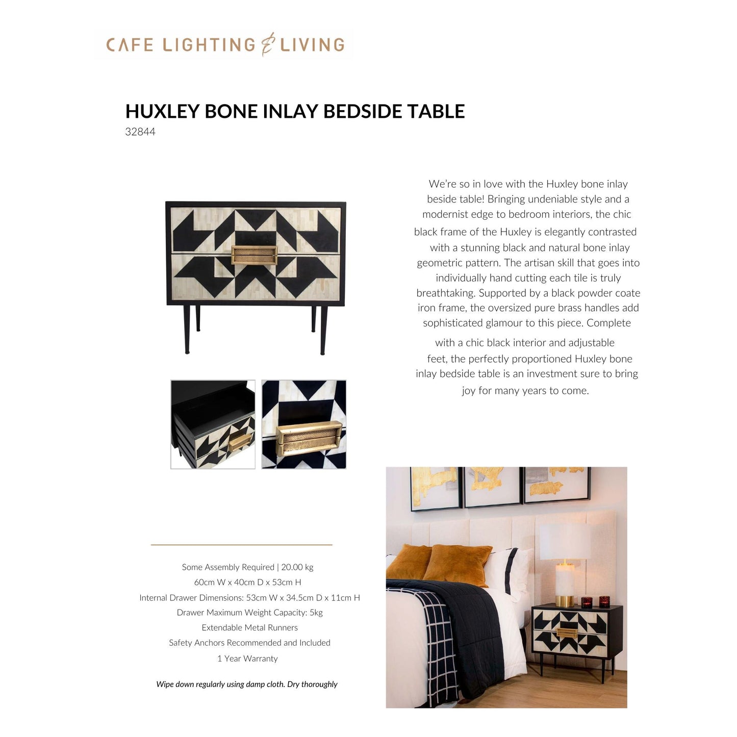 Huxley Bone Inlay Bedside Table - Black Bedside Table Cafe Lighting & Living