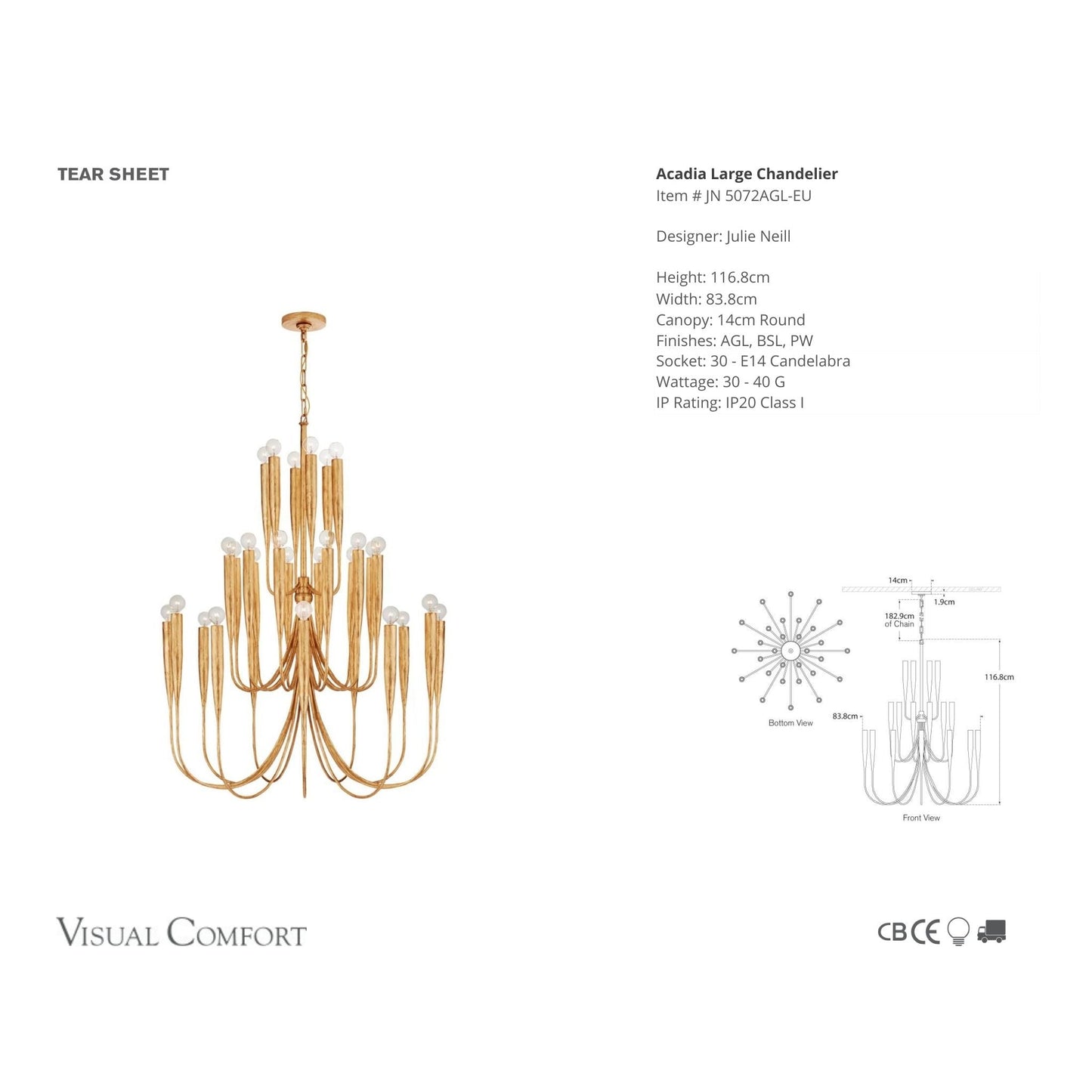 Julie Neill Acadia Large 3 Tier Chandelier - Gild Leaf Pendant Light Bloomingdales Lighting