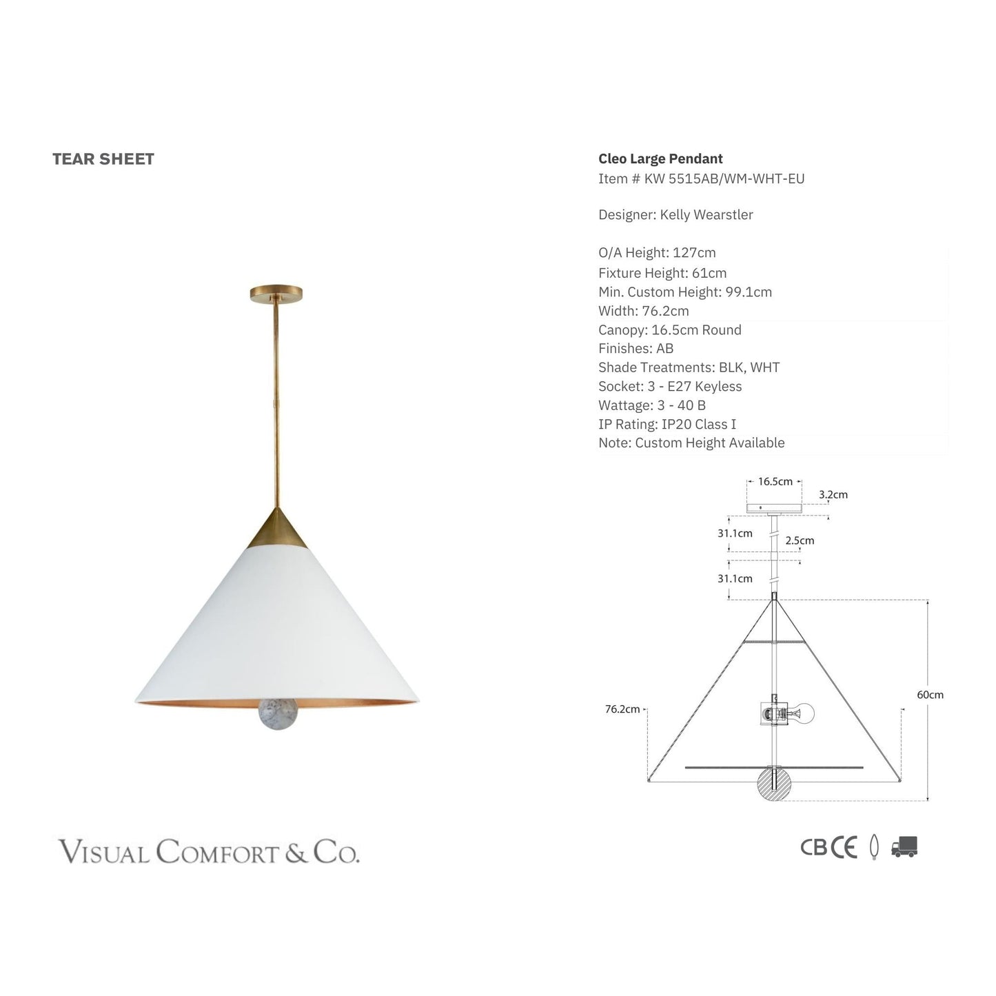 Kelly Wearstler Cleo Large Ceramic Pendant Light - White and Brass Pendant Light Bloomingdales Lighting