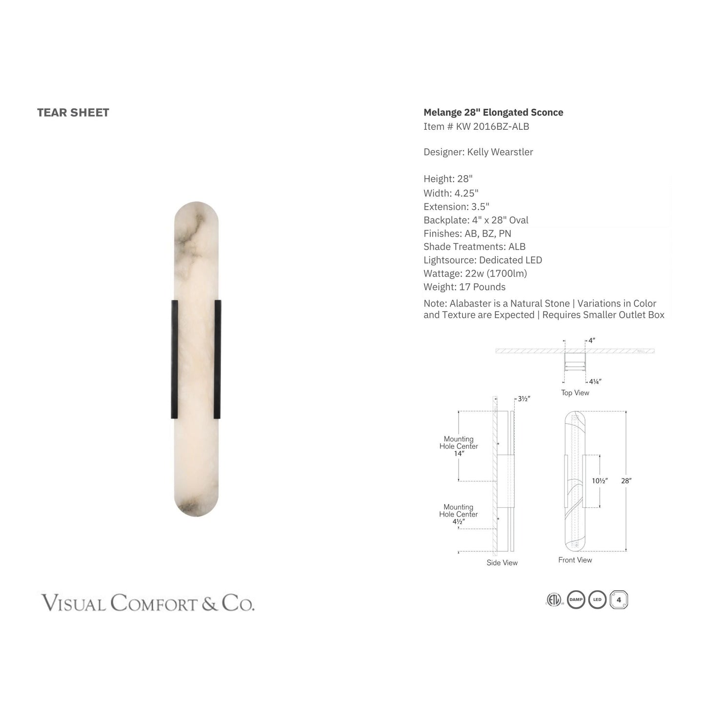 Kelly Wearstler Melange 28" Elongated Alabaster Wall Sconce - Bronze Wall Light Bloomingdales Lighting