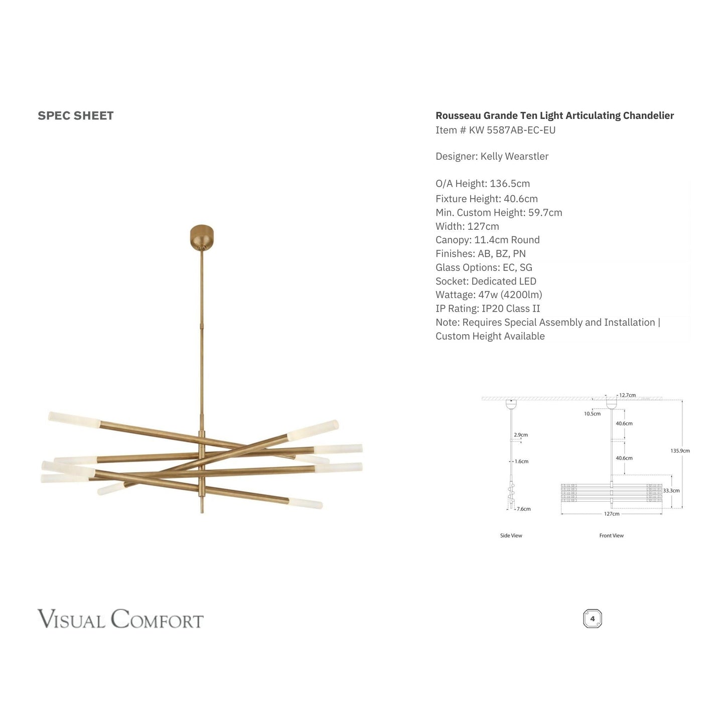 Kelly Wearstler Rousseau Grande Ten-Light Articulating Chandelier - Brass Pendant Light Bloomingdales Lighting