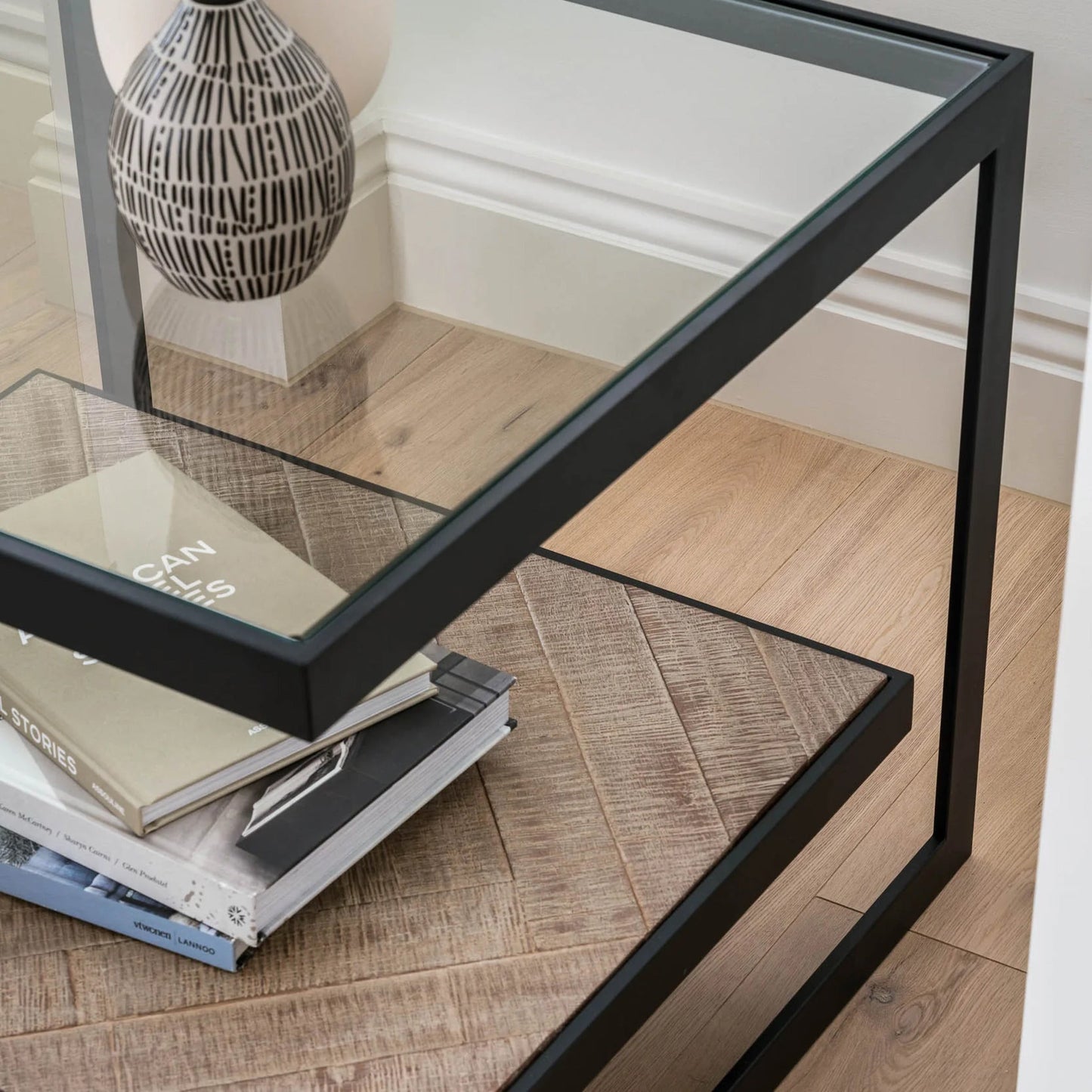 Lenny Square Glass Side Table - Oak & Black Side Table M+Co Living