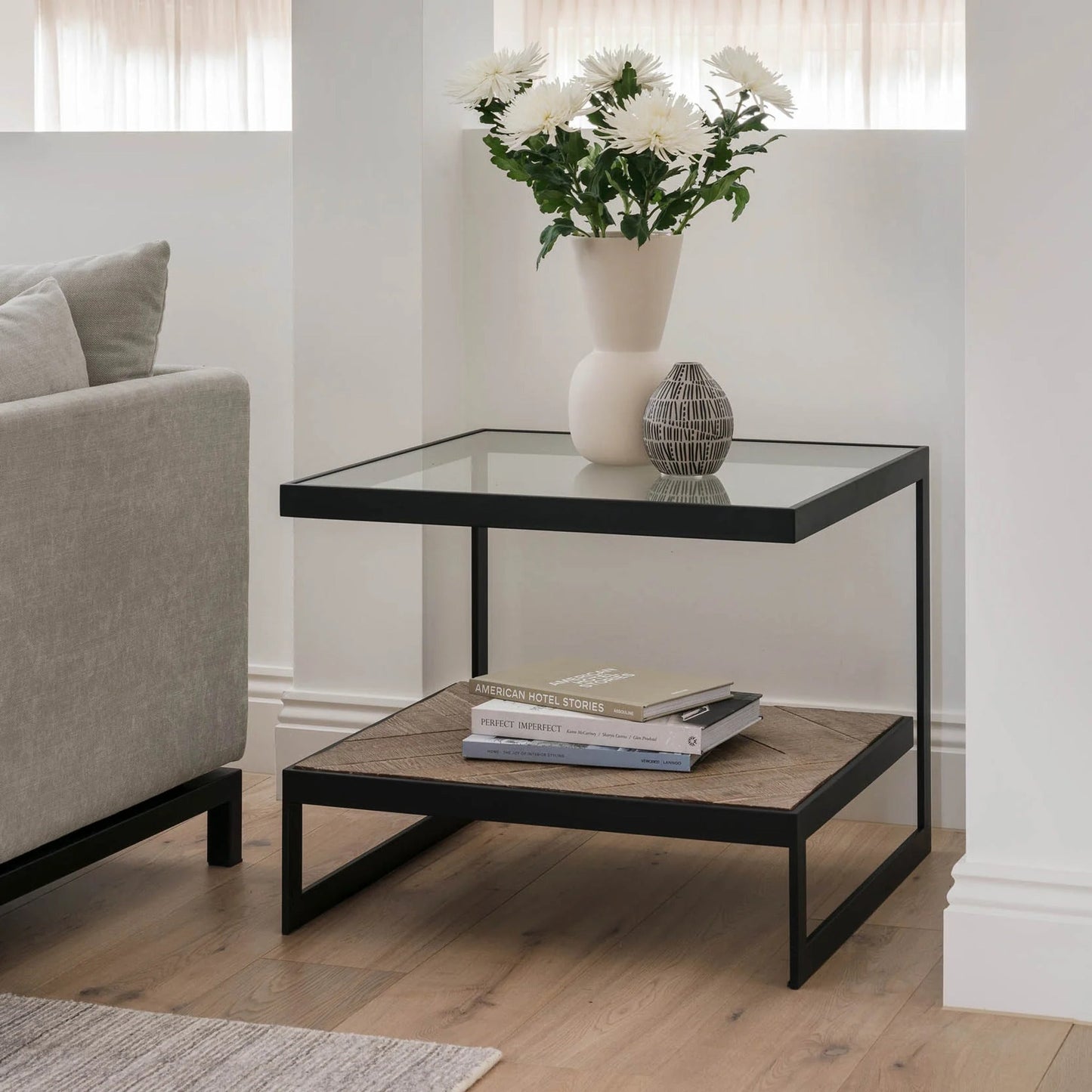 Lenny Square Glass Side Table - Oak & Black Side Table M+Co Living