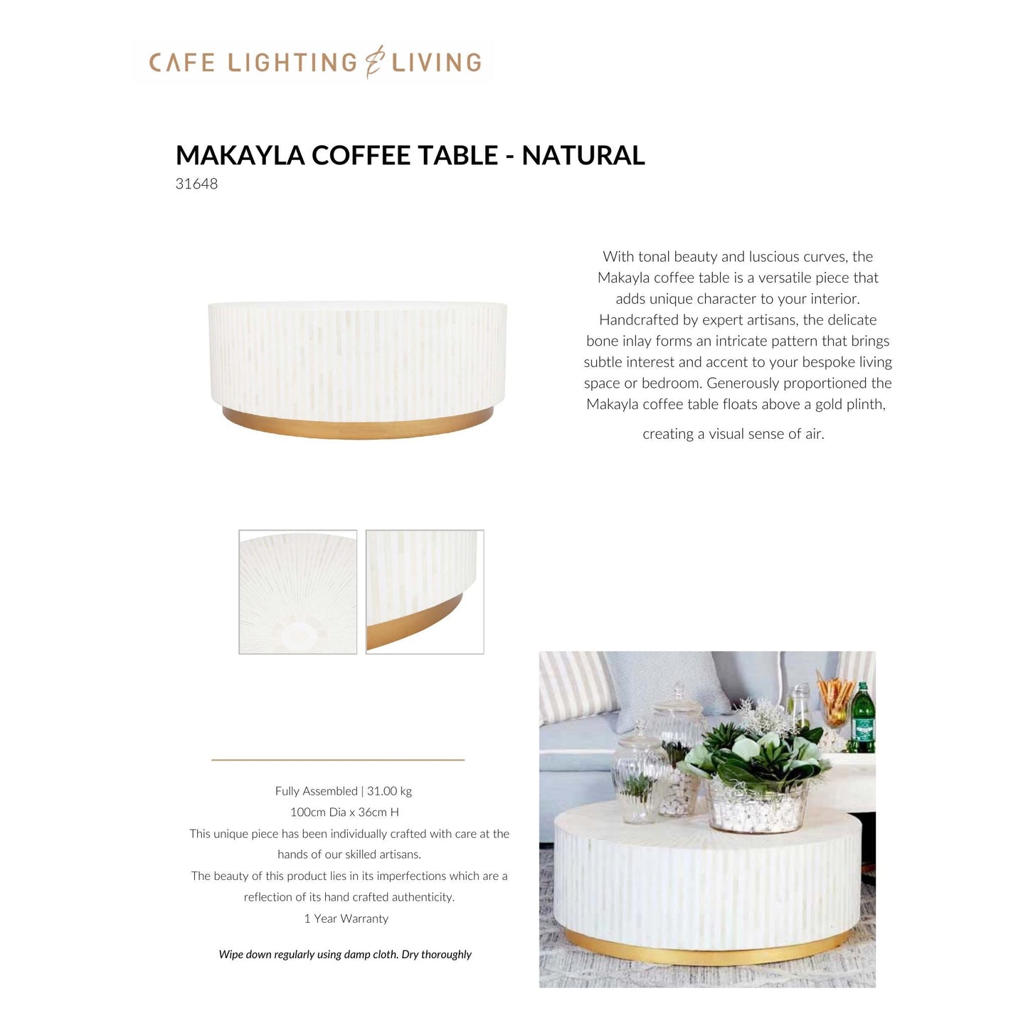 Makayla Natural Coffee Table - White & Gold Coffee Table Cafe Lighting & Living