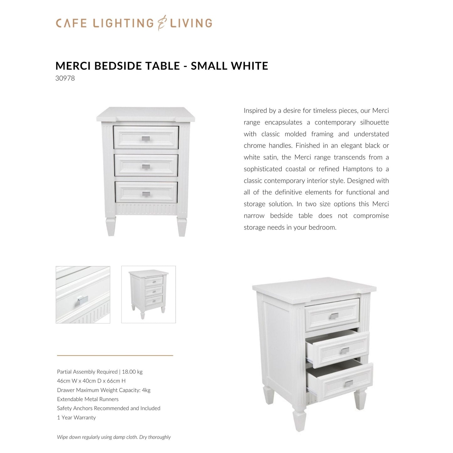 Merci Small Three Drawer Bedside Table - White Bedside Table Cafe Lighting & Living