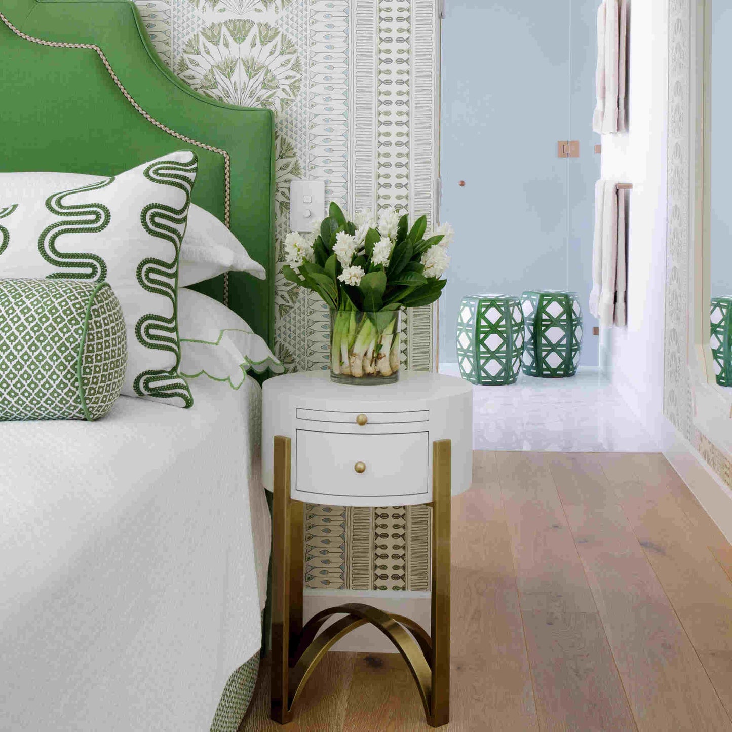 Midge Circular Bedside Table - White and Brass Bedside Table Bloomingdales