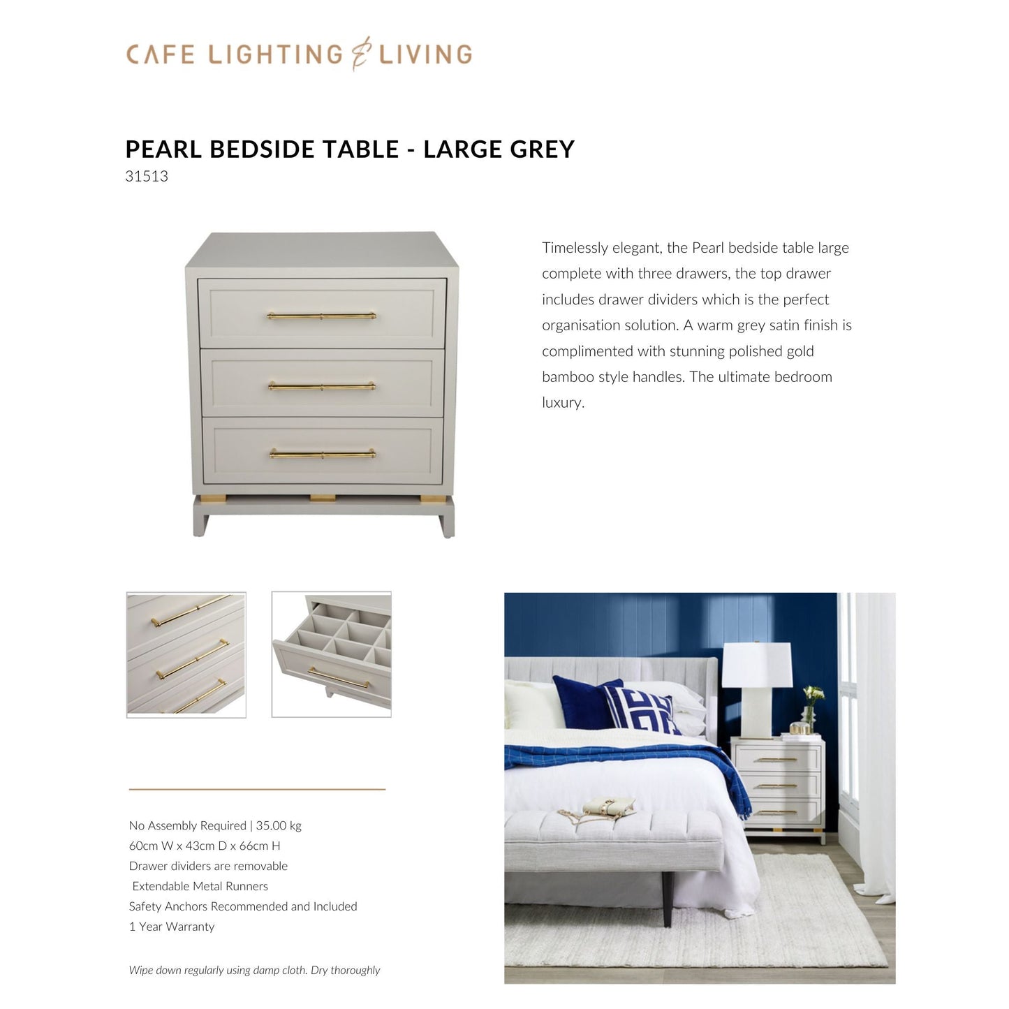 Pearl Large Three Drawer Bedside Table - Grey Bedside Table Cafe Lighting & Living