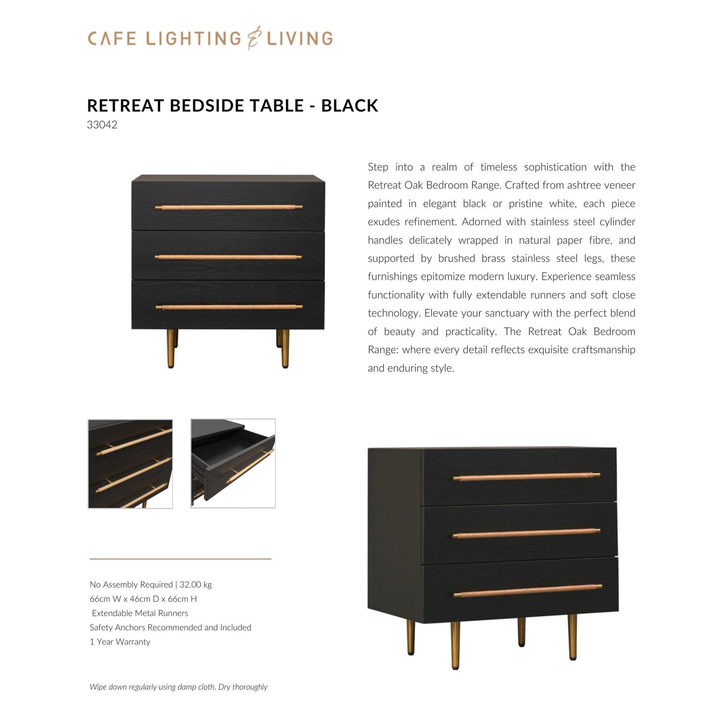 Retreat Ash Wood Bedside Table - Black Bedside Table Cafe Lighting & Living