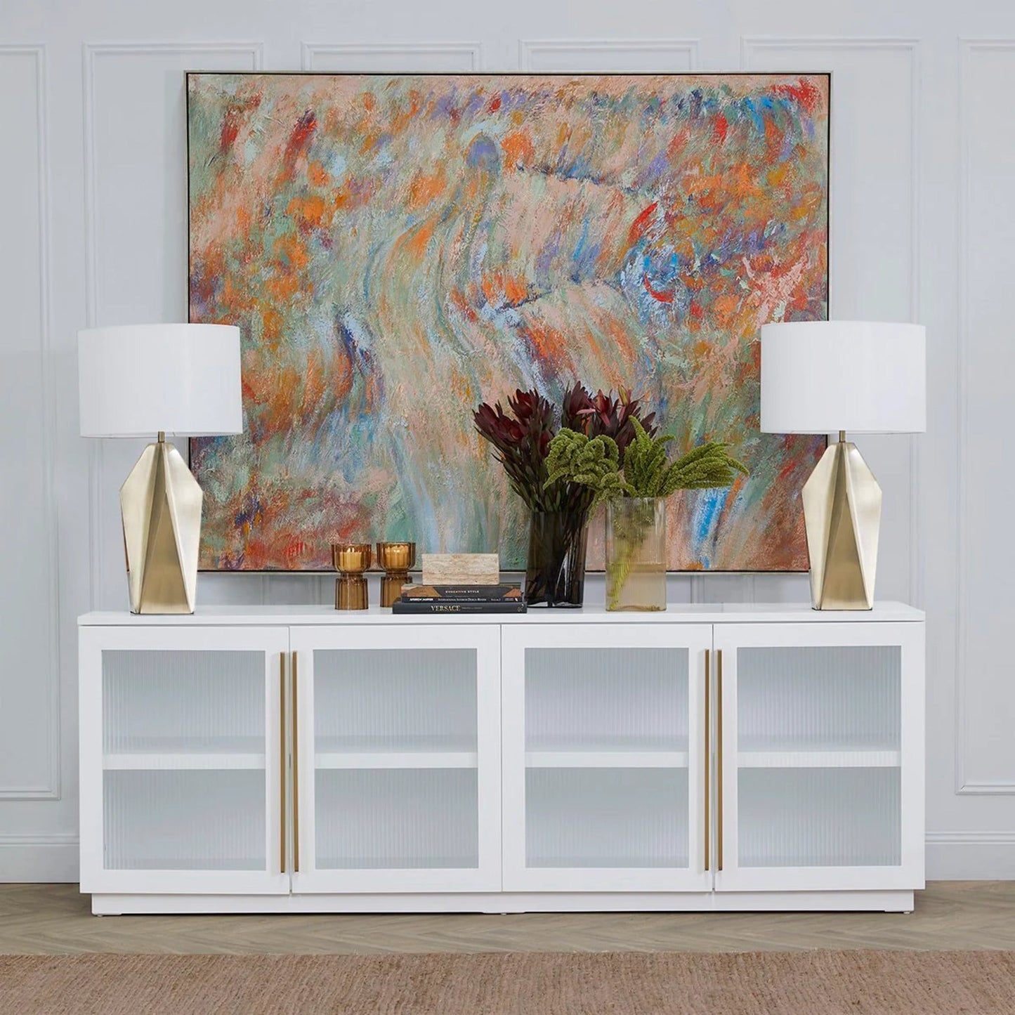 Santiago Ribbed Glass Buffet Table - White Buffet Table Cafe Lighting & Living