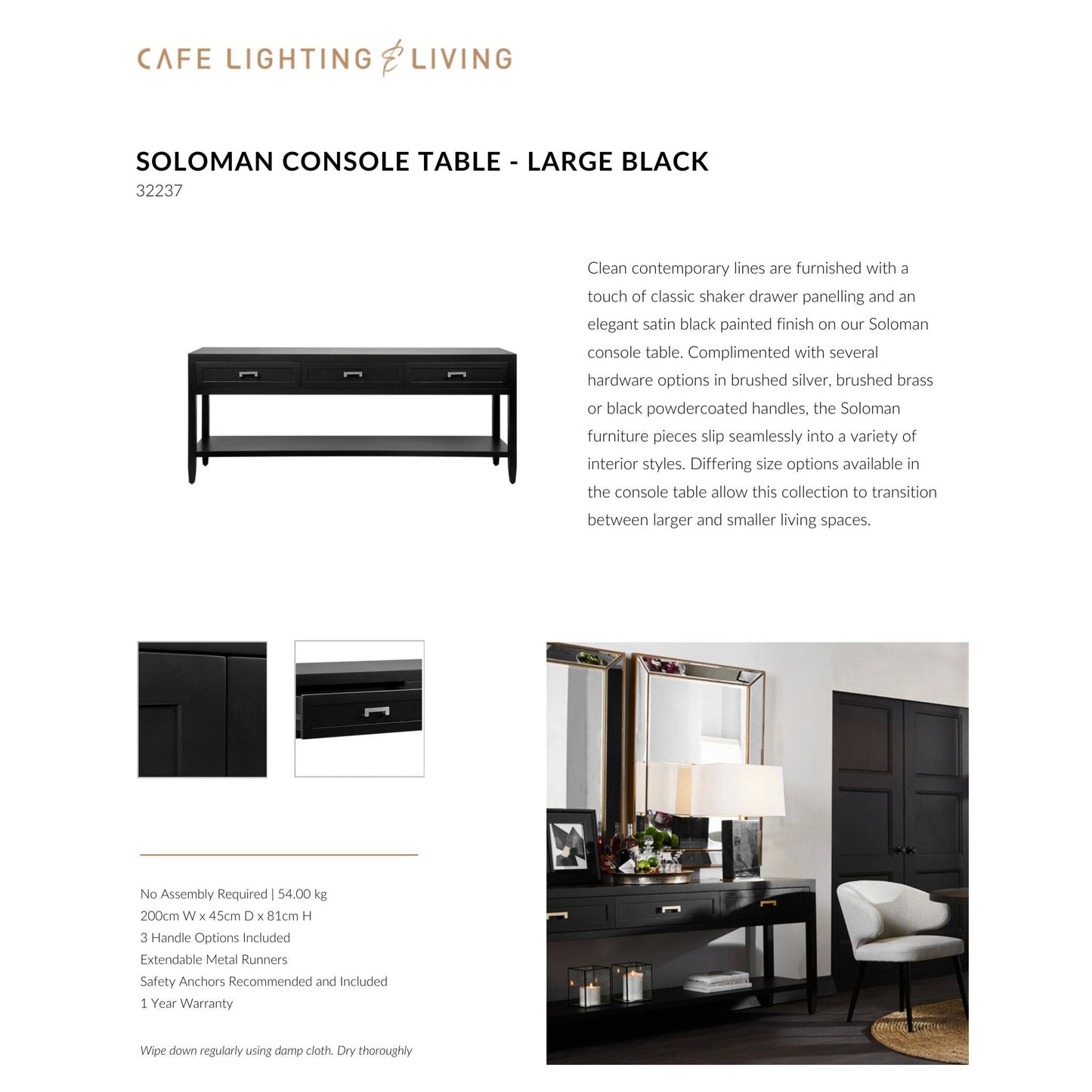 Soloman Large Three Drawer Open Console Table - Black Console Table Cafe Lighting & Living