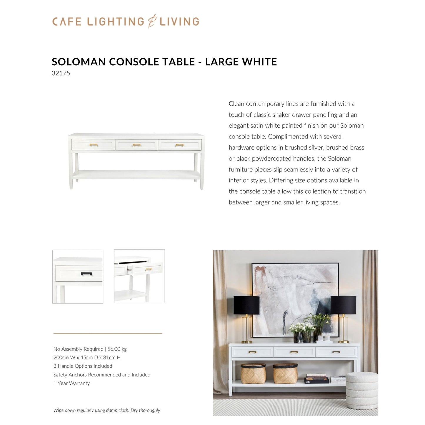 Soloman Large Three Drawer Open Console Table - White Console Table Cafe Lighting & Living