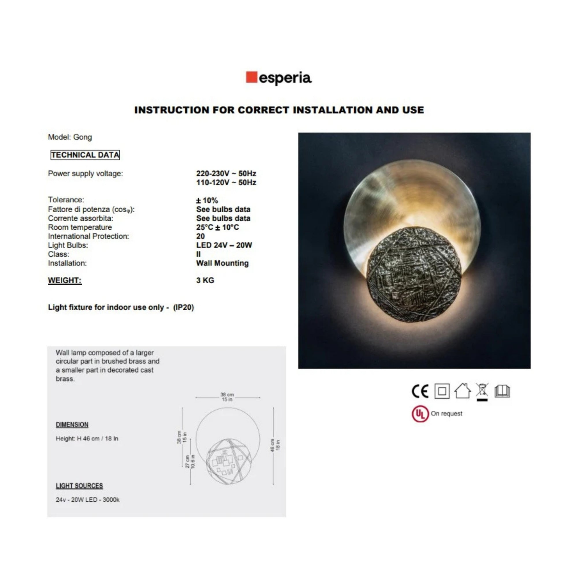 Esperia Gong Wall Light - Casted Brass Wall Light Bloomingdales Lighting