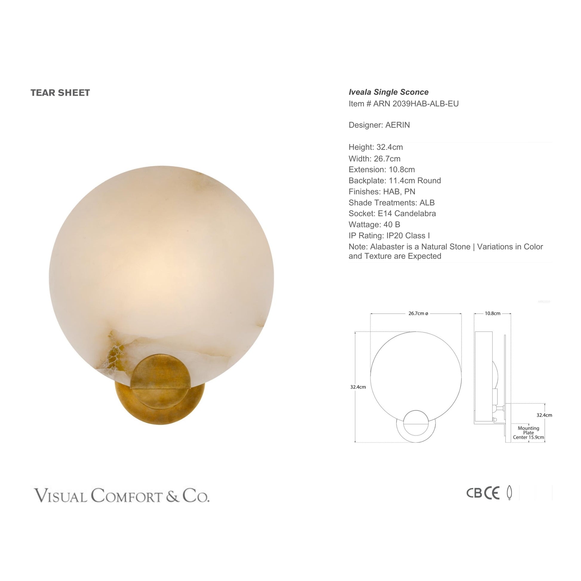 AERIN Iveala Alabaster Single Wall Sconce - Brass Wall Light Bloomingdales Lighting