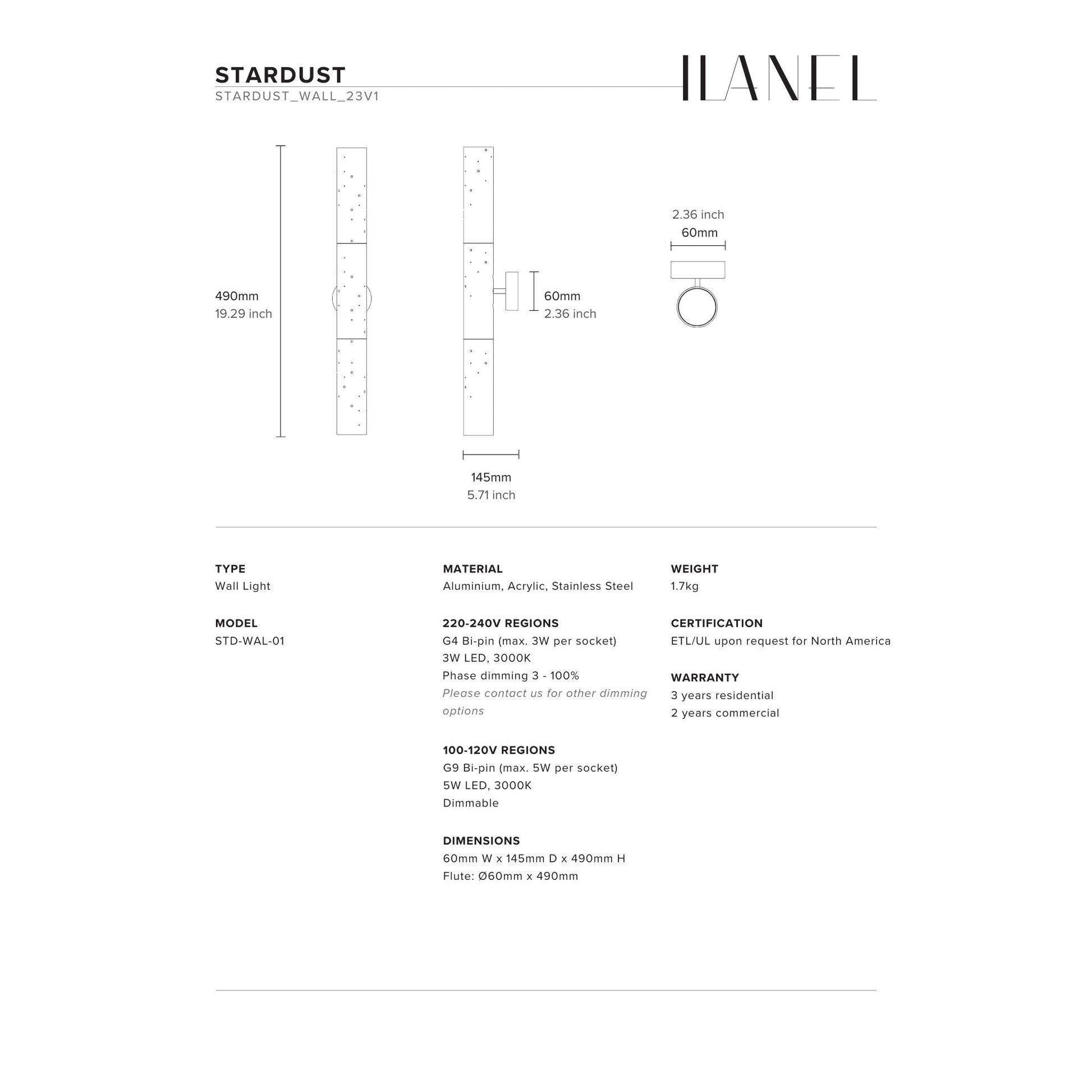 Stardust Double Fluted Wall Light Wall Light ILANEL