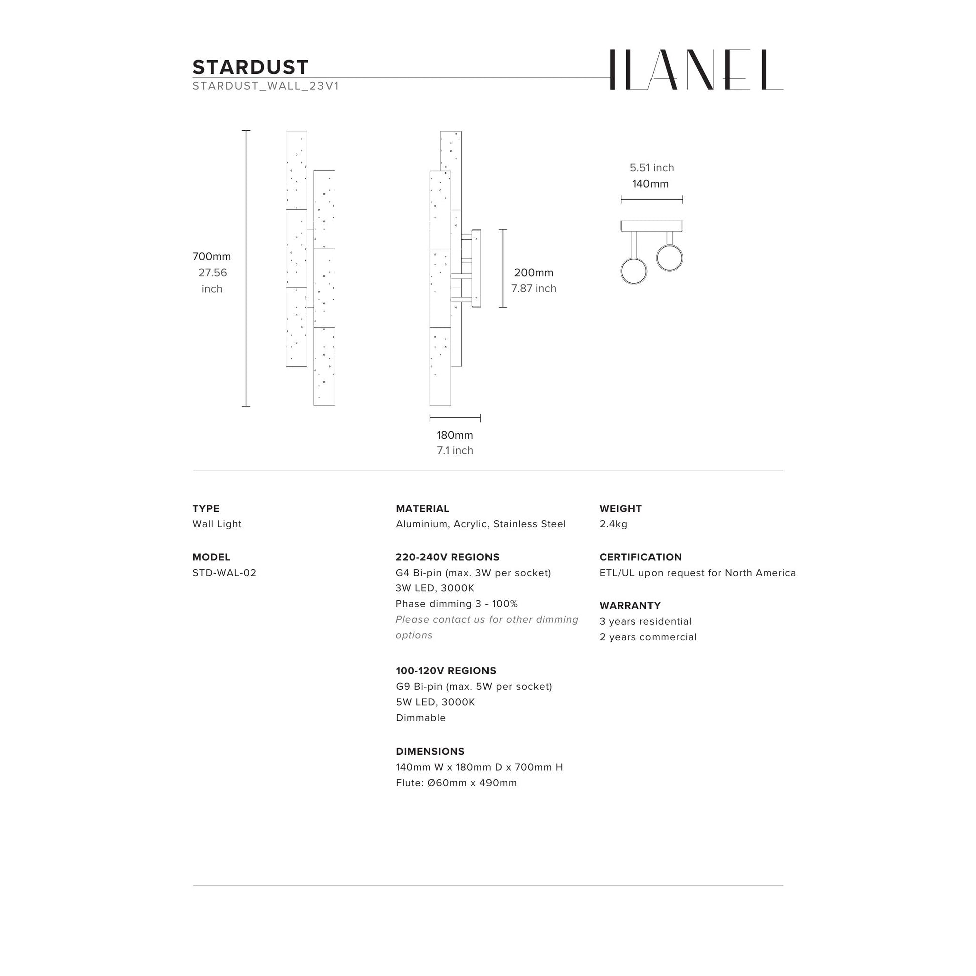 Stardust Double Fluted Wall Light Wall Light ILANEL