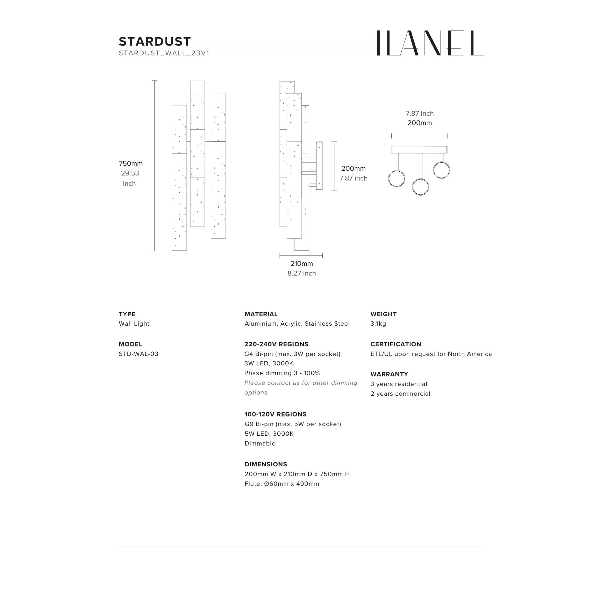 Stardust Double Fluted Wall Light Wall Light ILANEL