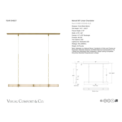 Anne-Marie Barton Marcell 56" Alabaster Linear Chandelier - Brass