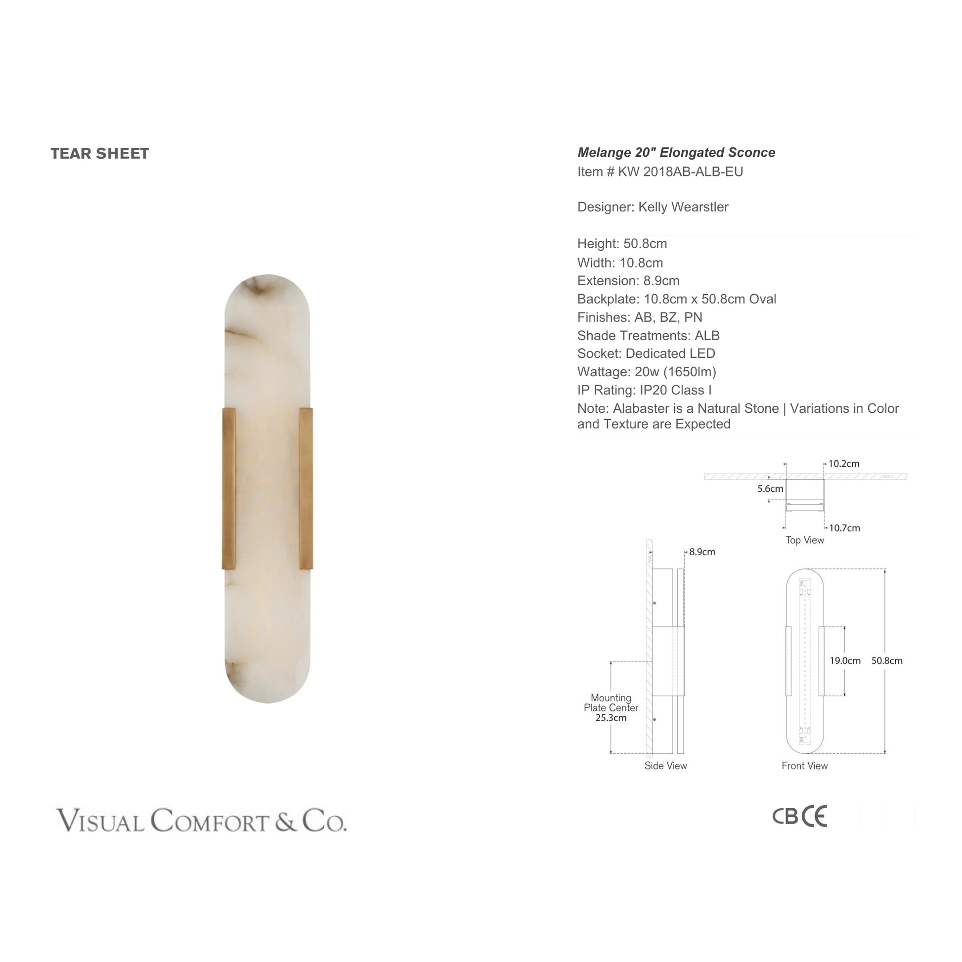 Kelly Wearstler LED Melange Elongated 20" Alabaster Wall Sconce Wall Light Bloomingdales Lighting