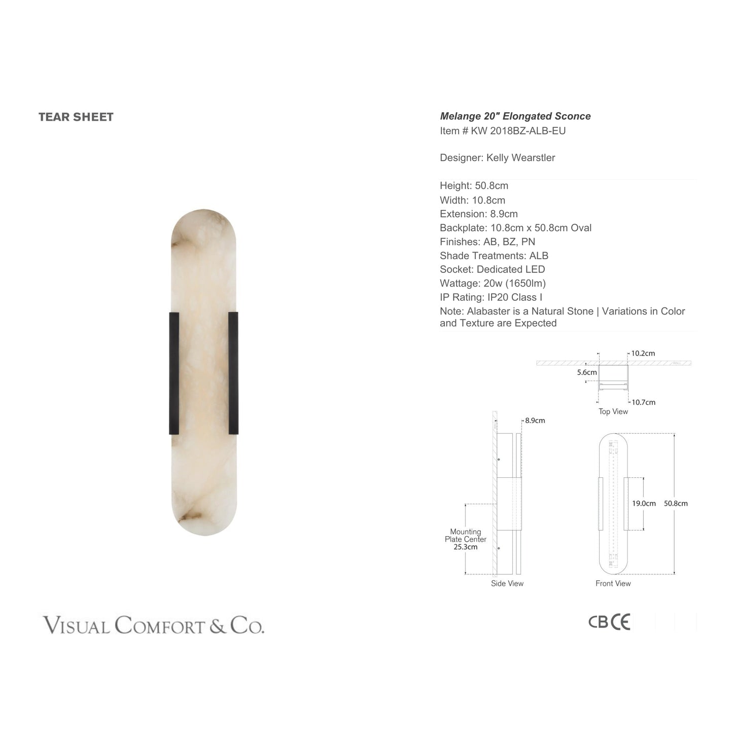 Kelly Wearstler LED Melange Elongated 20" Alabaster Wall Sconce Wall Light Bloomingdales Lighting