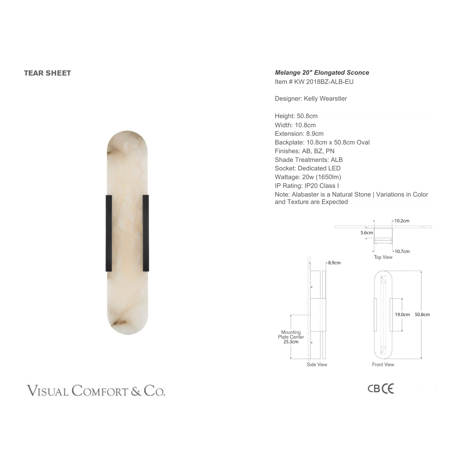 Kelly Wearstler LED Melange Elongated 20" Alabaster Wall Sconce Wall Light Bloomingdales Lighting