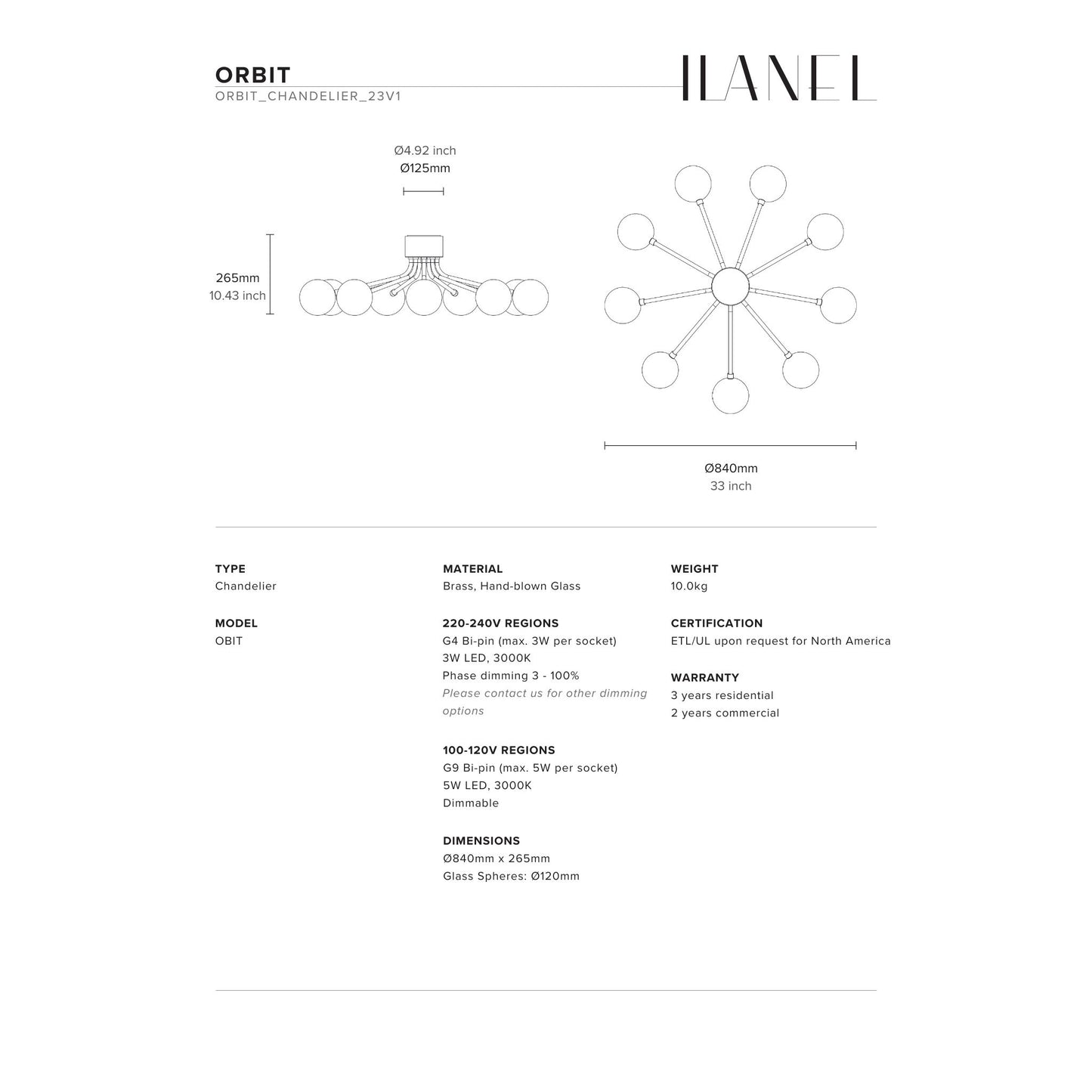 Orbit 9-Arm Glass Sphere Chandelier Chandelier ILANEL