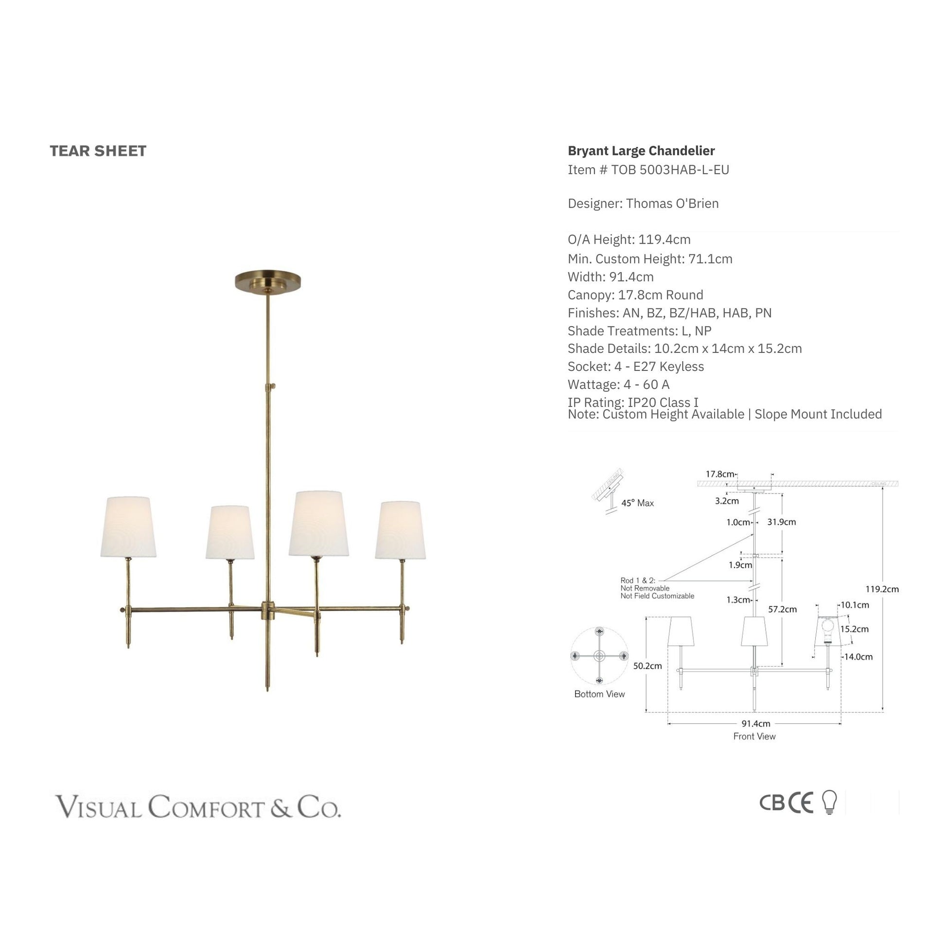 Thomas O'Brien Bryant Large Linen Chandelier - Brass Pendant Light Bloomingdales Lighting   
