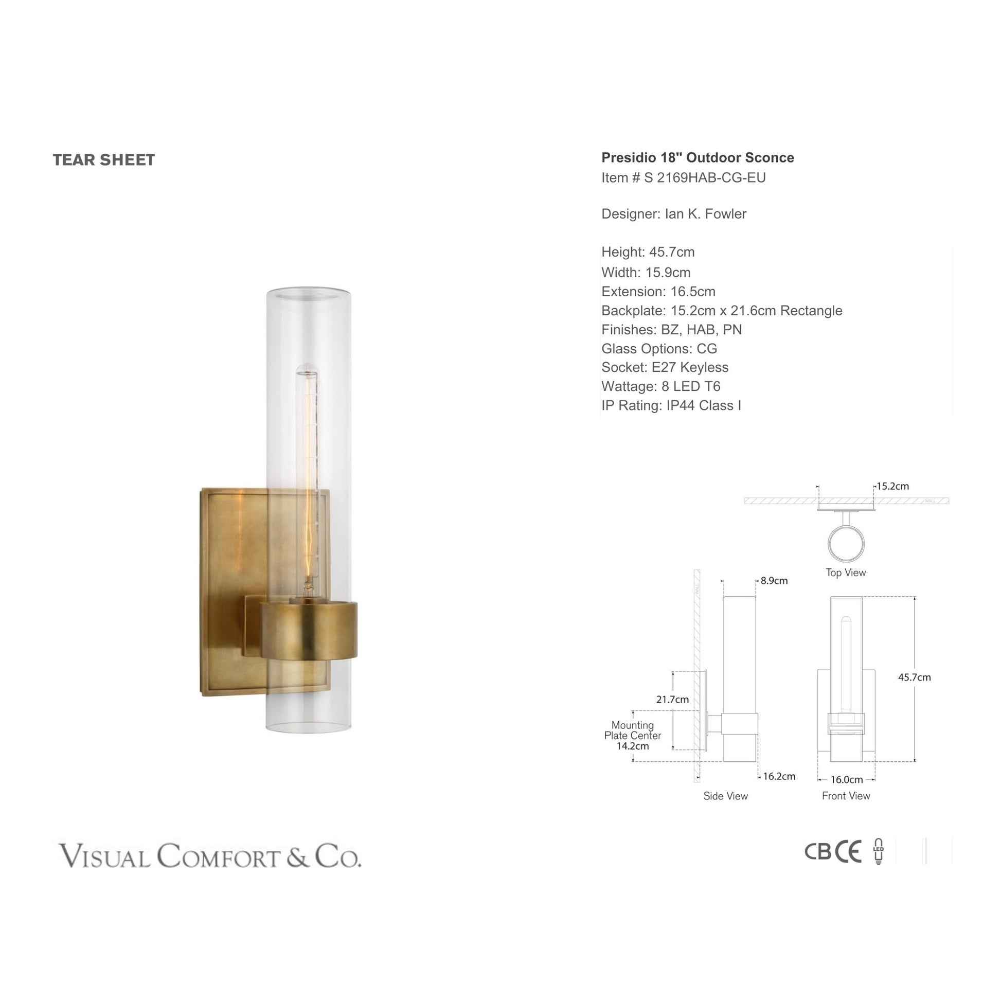 Ian K. Fowler Presidio 18" Glass Outdoor Wall Sconce - Brass Wall Light Bloomingdales Lighting