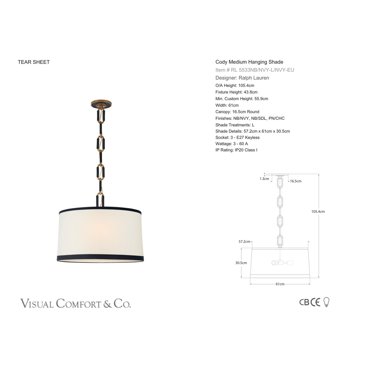 Ralph Lauren Cody Medium Hanging Shade Pendant Light - Brass & Navy Leather Trim